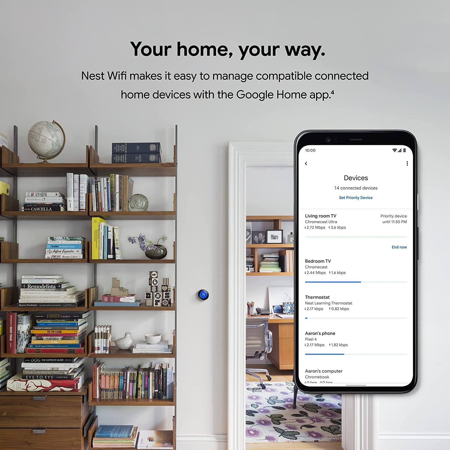 Google Nest WiFi Router and 2 Points - WiFi Extender with Smart Speaker - Works with Google WiFi (3 Pack) White
