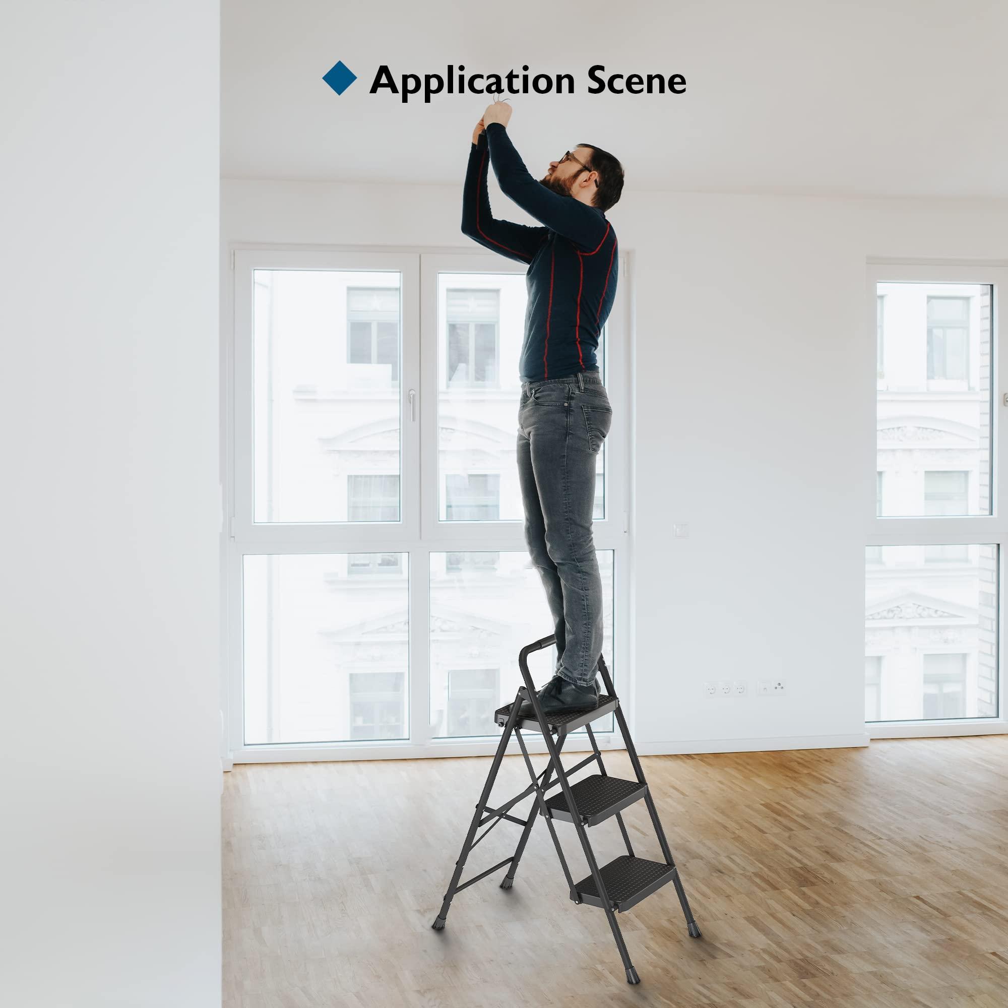 BONTEC BONTEC 3-Step Ladder, Folding Step Stool with Wide Anti-Slip Pedals, Max Load Capacity 600lbs Sturdy Steel Ladder, Convenient Handgrip, Lightweight Portable Step Stool for Adults, Black