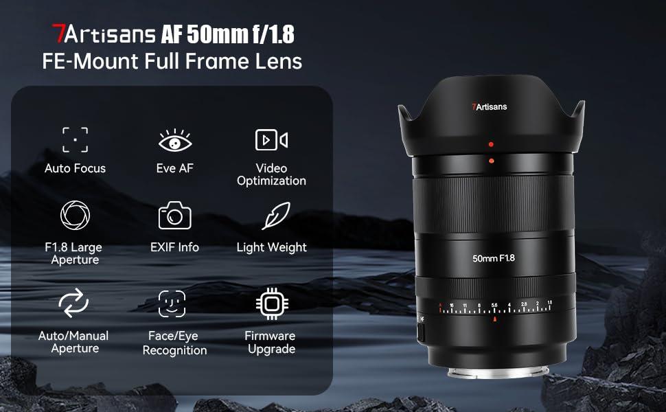 7artisans 7artisans Auto Focus 50mm F1.8 Full Frame Lens,F1.8 Large Aperture,Support Automatic/Manual Aperture and Face/Eye Recognition, Compatible for S0NY FE Camera A7 Series A7R A75 A7SII A9 A7C A1, etc