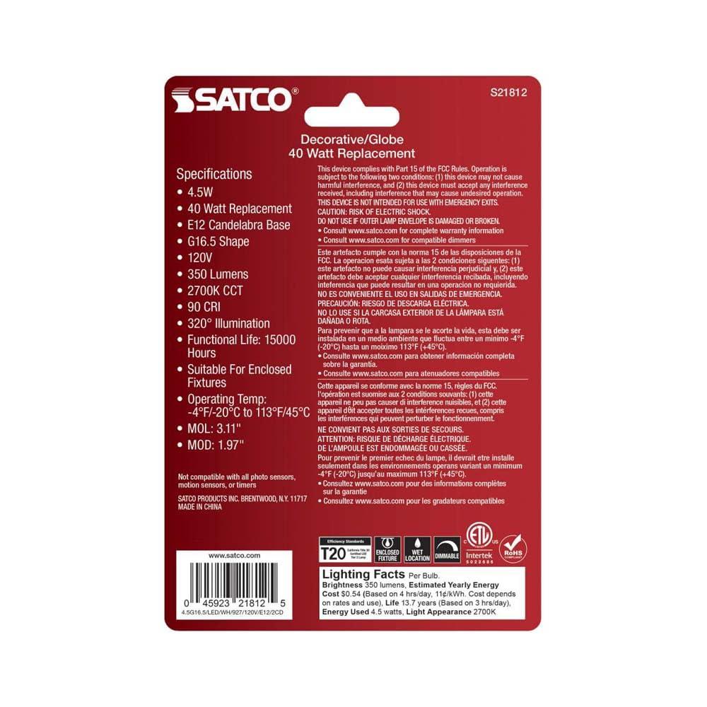 Satco Satco 21812-4.5G16.5/LED/WH/927/120V/E12/2 Globe (S21812) G16 5 Globe LED Light Bulb