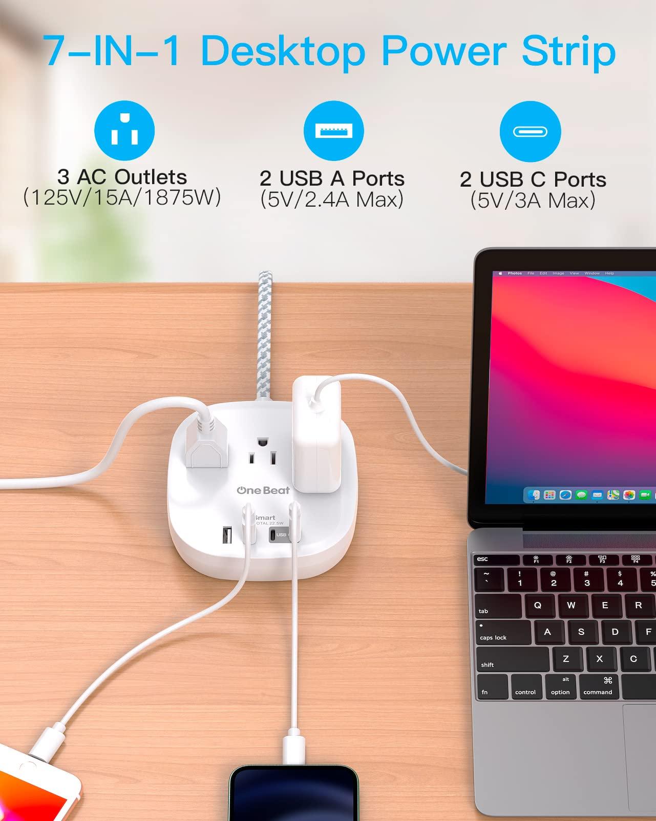 One Beat Flat Plug Power Strip, 5ft Ultra Flat Extension Cord - 3 Outlets 4 USB Ports (2 USB C) 22.5W/4.5A Desktop Charging Station, No Surge Protection for Cruise Ship, Dorm Room Travel Essentials