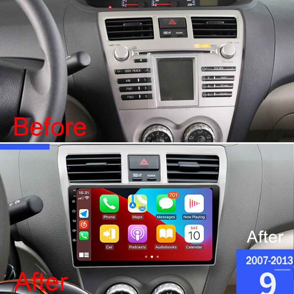 Hac Sa Beach for Toyota Vios Yaris Radio 2007-2012 Android 13 Car Stereo Wireless Apple Carplay Android Auto 9 Inch Touchscreen GPS Navigation Car Audio Receiver Bluetooth SWC Mic (4GB RAM+64GB ROM)