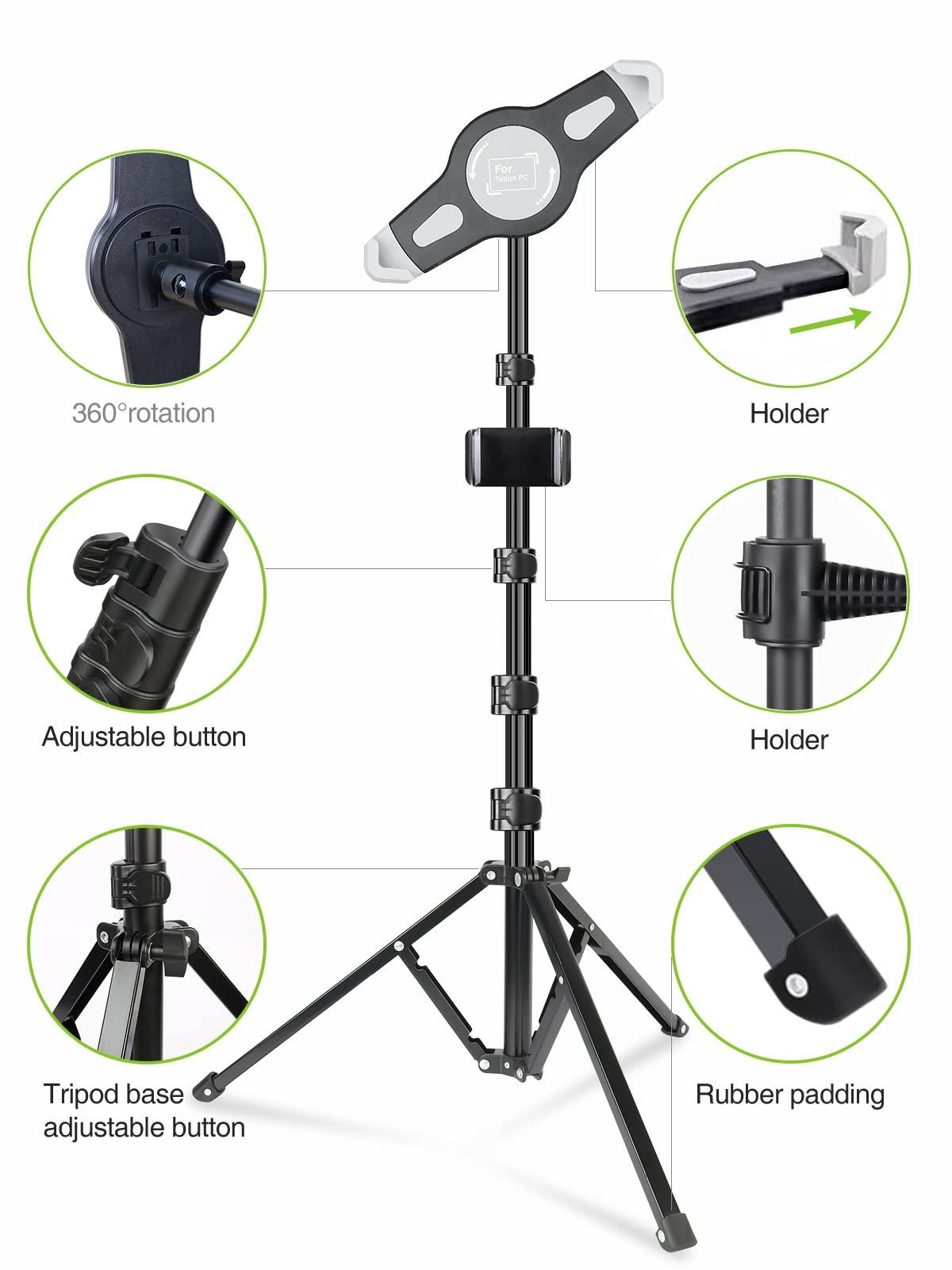 elitehood elitehood iPad Tripod Stand, Aluminum Alloy iPad Stand, 360 Rotation Adjustable Height iPad Stand Holder for Floor, Universal Compatible with iPad Mini, iPad Air, iPad and All 7.9-11 Inch Tablet