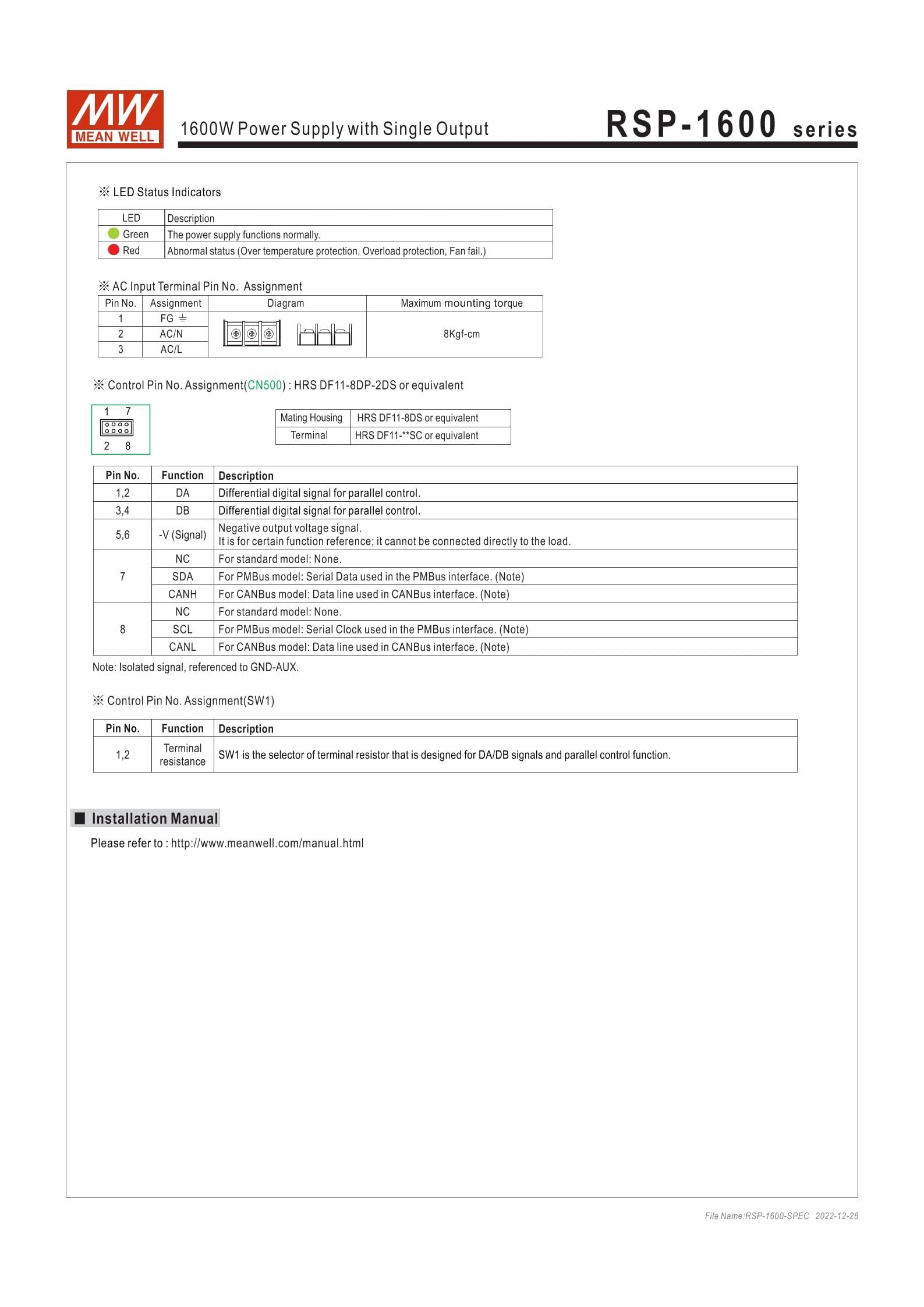 MeanWell Mean Well RSP-1600-24 1608W Power Supply with Single Output RSP-1600 24V/67A