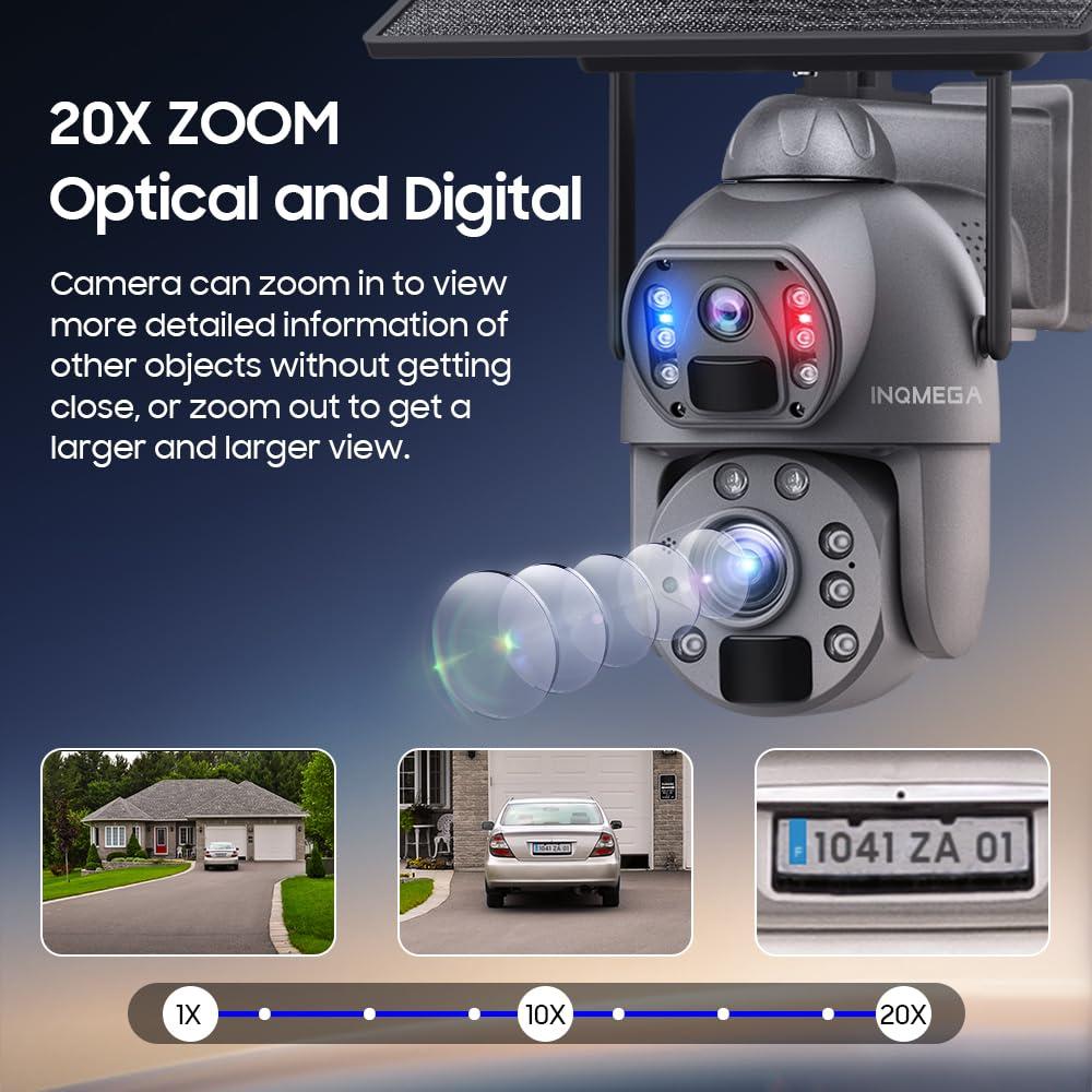 INQMEGA INQMEGA Metal 20X Optical Zoom 6MP Dual-Lens Security Solar Cameras, 4G Cellular 20000mA Battery Powered Camera with 10W Solar Panel, PIR Motion Detection, Color Night Vision, Include 4G Card