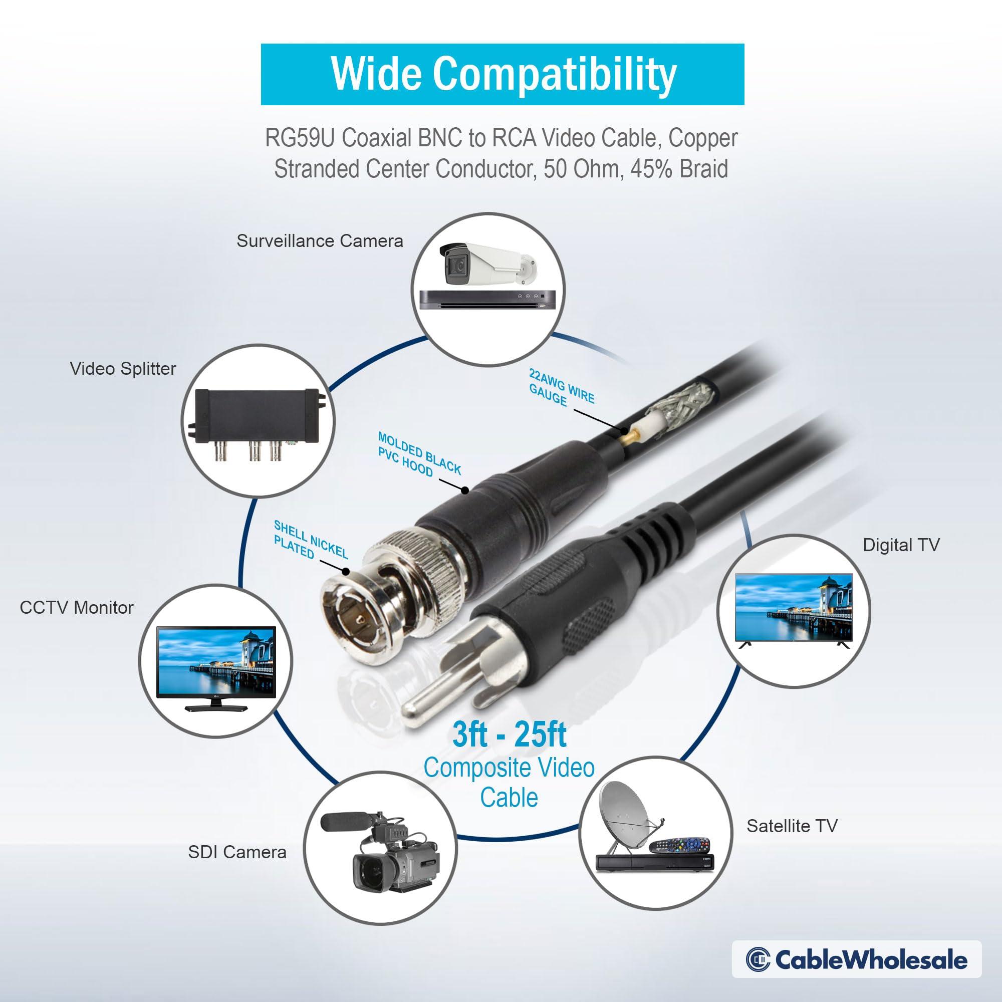 CableWholesale CableWholesale RG59U Coaxial BNC to RCA Video Cable, Black, BNC Male to RCA Male Coax Cable, 75 Ohm, 64% Braid, 6 ft