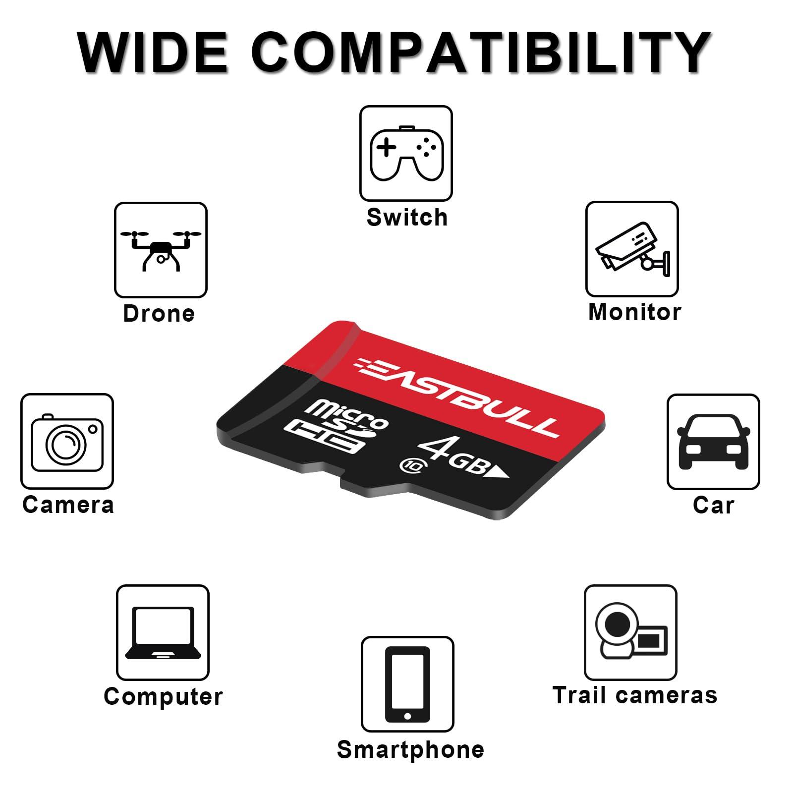 EASTBULL EASTBULL 4GB 10-Pack of Micro SD Card, 4GB SD Cards Pack Full HD Video 90MB/s UHS-I U1 Micro SDHC Class 10 for Surveillance Security Cam (10 Units and 2 Adapters)