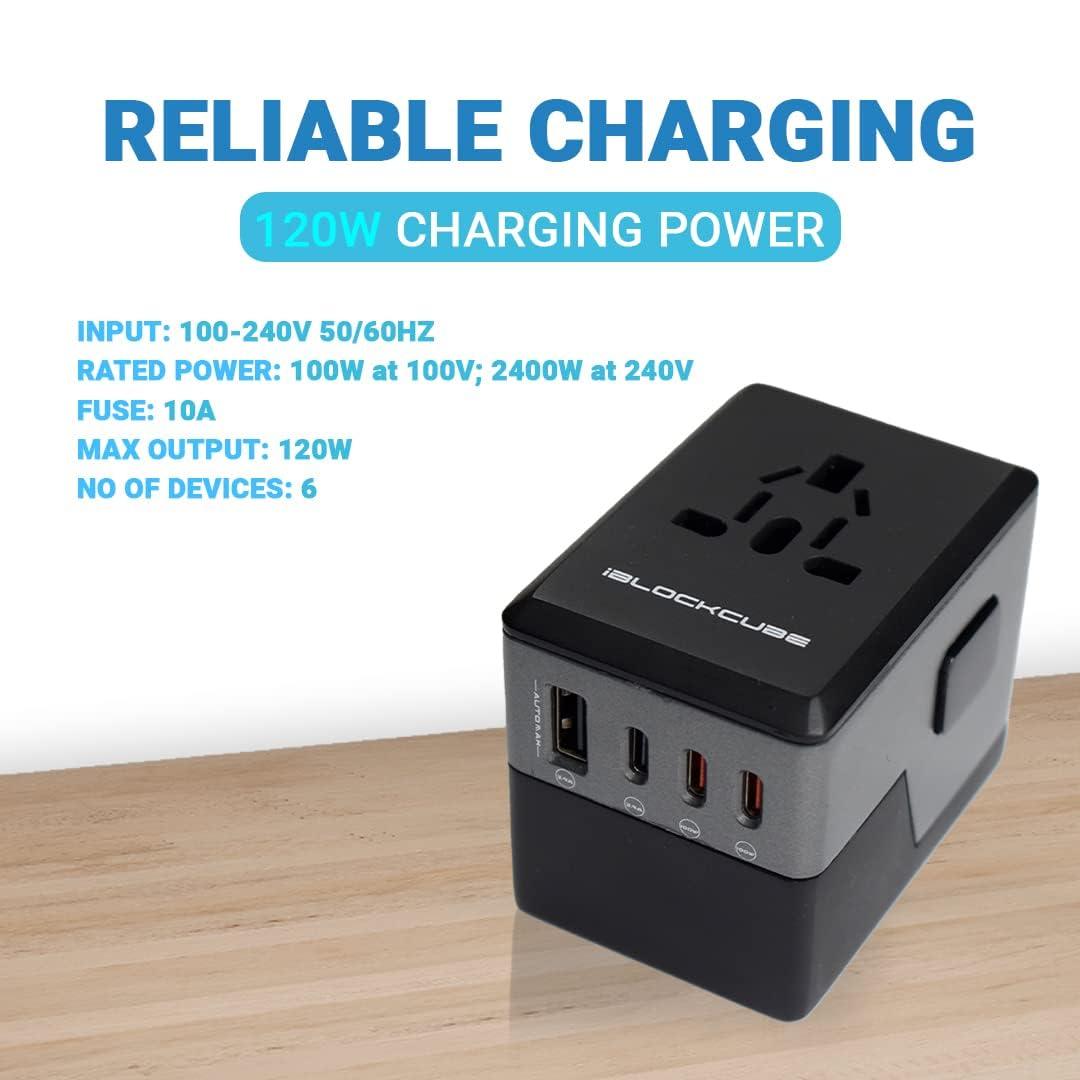 iBlockCube iBlockCube Swift Universal Travel Adapter 120W PD Fast Charger 4 USB-C,1 USB-A, International Wall Charger AC Plug Converter Adaptor Travel Essentials (Gray
