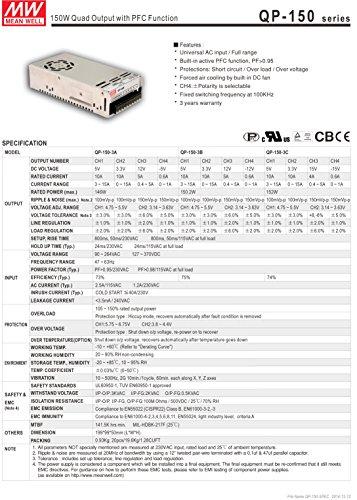 MEAN WELL [PowerNex] Mean Well QP-150C +/-5V +/-15V 24V 0.6A 2A 3A 15A 153W Quad Output with PFC Function Power Supply
