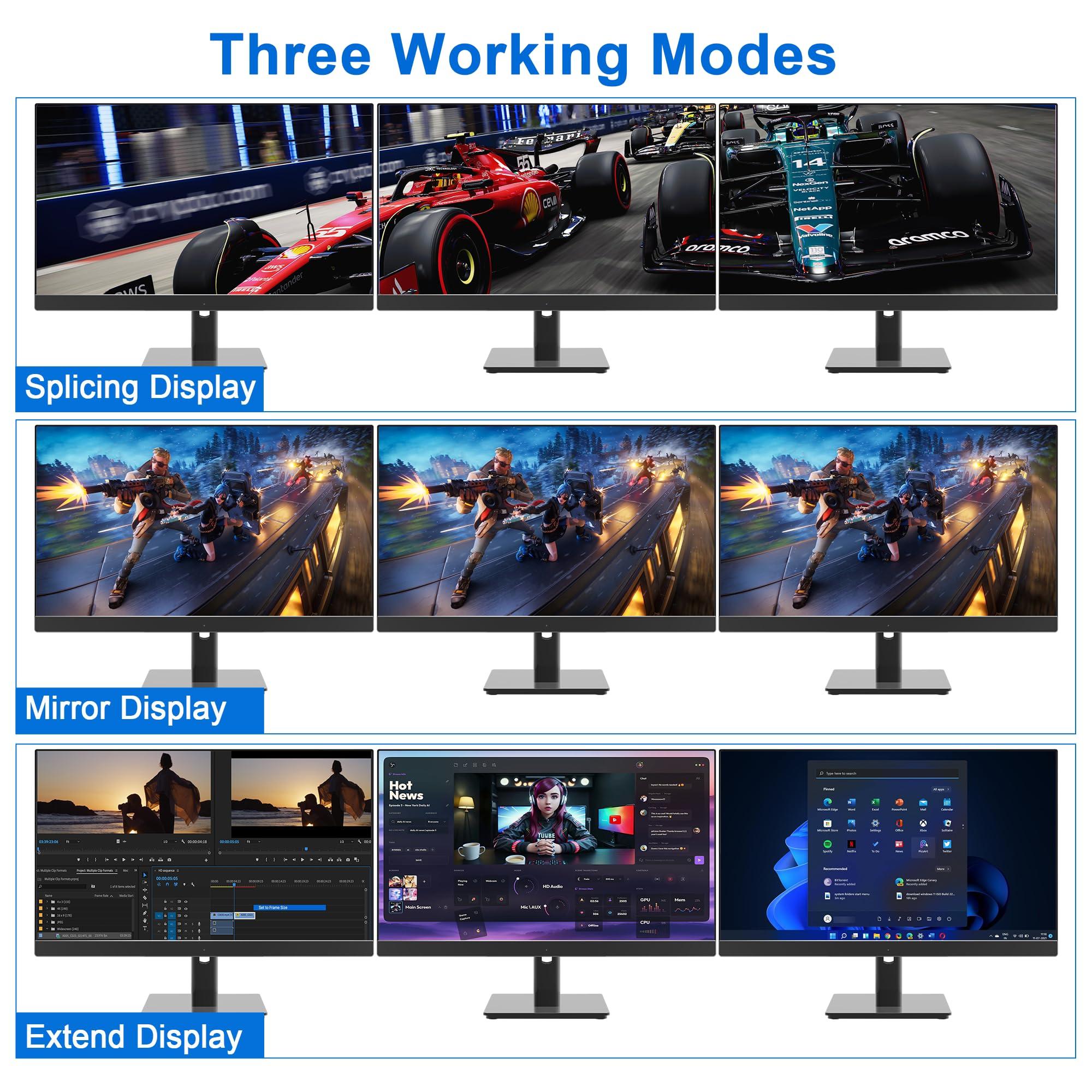 clickfish 8K@60Hz USB3.0 Displayport KVM Switch 3 Monitors 4 Computer, DP1.4 Triple Monitor KVM Switch with Audio Microphone Output and 3 USB3.0 Port, KVM Triple Monitor Keyboard Mouse Switcher for 4PC