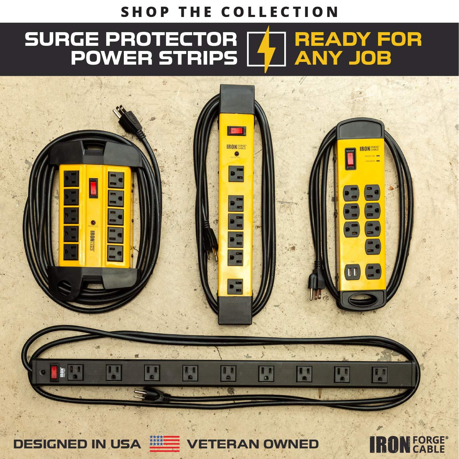 IRON FORGE CABLE Iron Forge Cable 8 Outlet Heavy Duty Surge Protector Power Strip with 2 USB Ports, 14/3 SJT 6 ft Extension Cord, 15 AMP Black & Yellow Metal Power Strips with Surge Protection Built-in Circuit Breaker