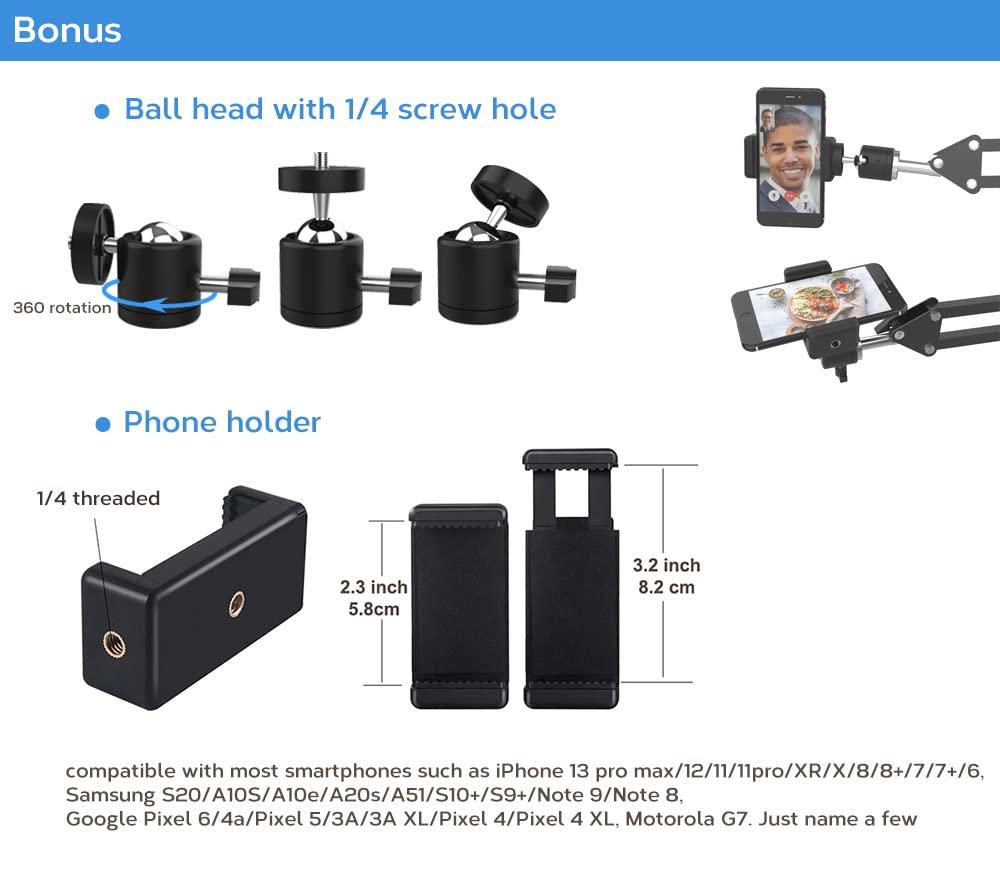 LenTok Overhead Tripod Mount for Camera Webcam Ring Light, Flexible Over Head Arm for iPhone with Phone Holder and Ball Head, Table Stand Accessory for Phone Video Recording Live Stream