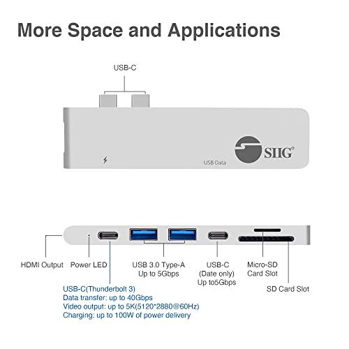 SIIG SIIG Thunderbolt 3, Aluminum USB Type C Hub with 4K @30Hz HDMI, SD/Micro SD Card Reader, 2 USB 3.1 Gen 1 Ports, PD Port for 2016/2017 MacBook 13" & 15" - Silver