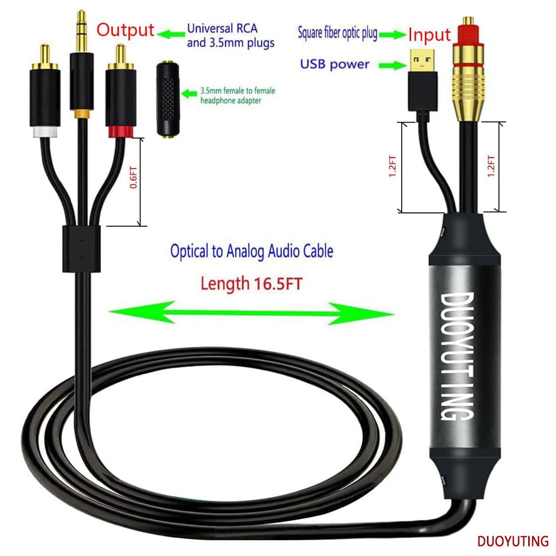 DUOYUTING Digital Optical to Analog 3.5mm AUX Audio Cable, Optical to 2 RCA Adapter, All-in-one D/A Audio Converter, for TV/PS4/Xbox/DVD SPDIF/TOSLINK/Optical Port to Sound Box Amplifier Headphones16.5FT)