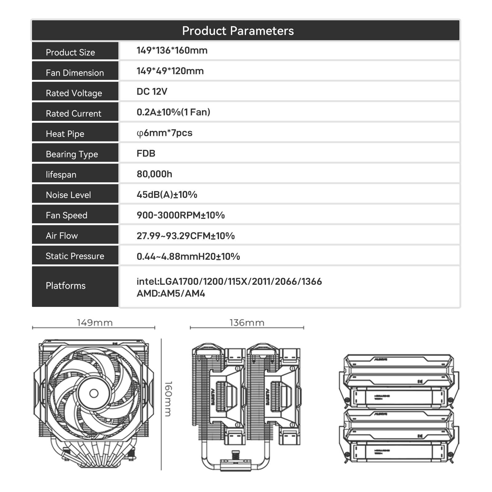 ALSEYE ALSEYE W700 Pro CPU Cooler Dual-Tower 290W TDP PWM 7 Heat Pipes Copper Bottom Air Cooler ARGB Voice-Activated Synchronized Rhythm Light Cover Koala Fans LGA1700/1200/2011/2066 AM5/AM4 (Black) (White)
