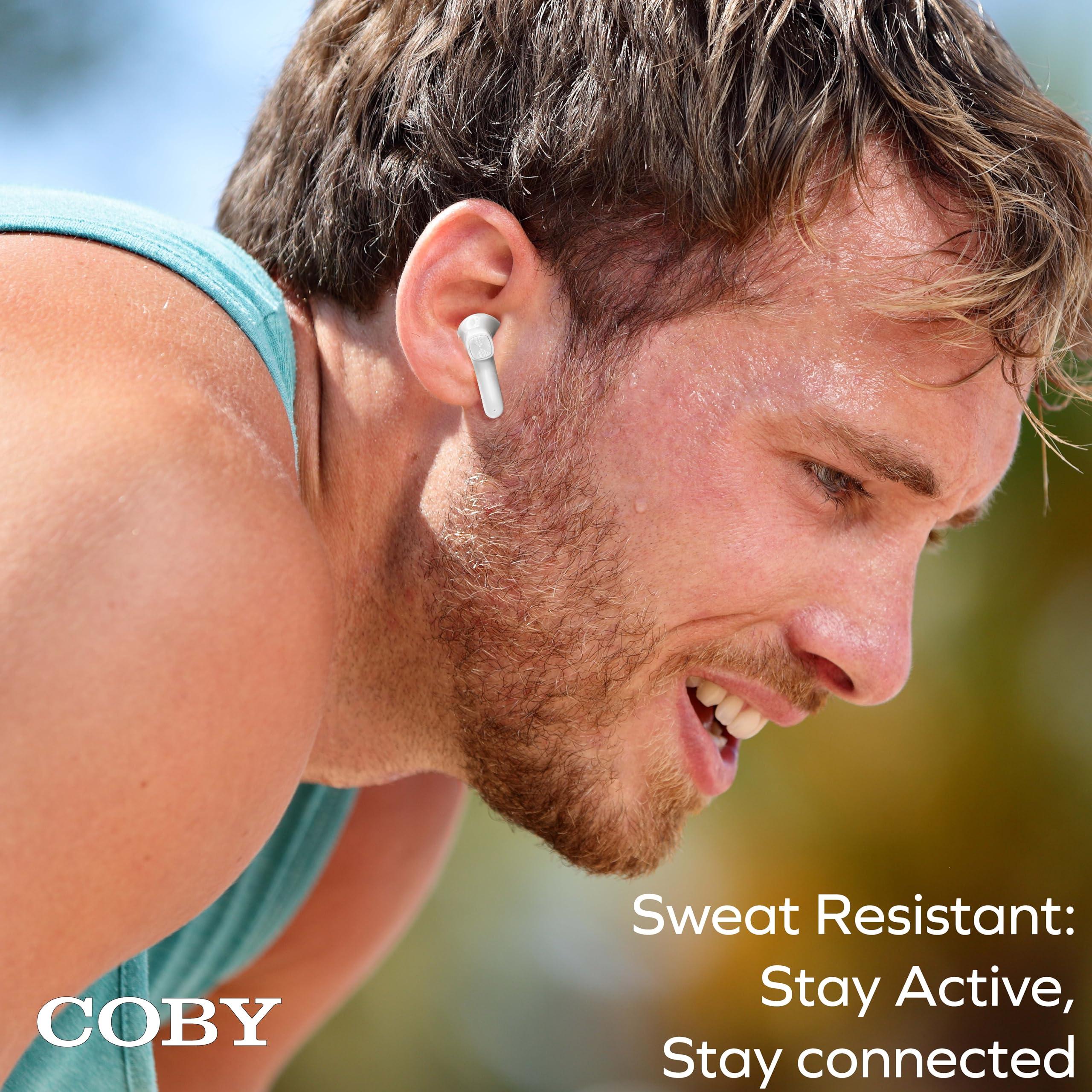 Coby Coby Sweat-Resistant True Wireless Earbuds | in-Ear Bluetooth Earphones | 12H Playtime | Voice Assistant Support | Noise-Isolating | Built-in Mic | Dedicated Audio Controls (White)
