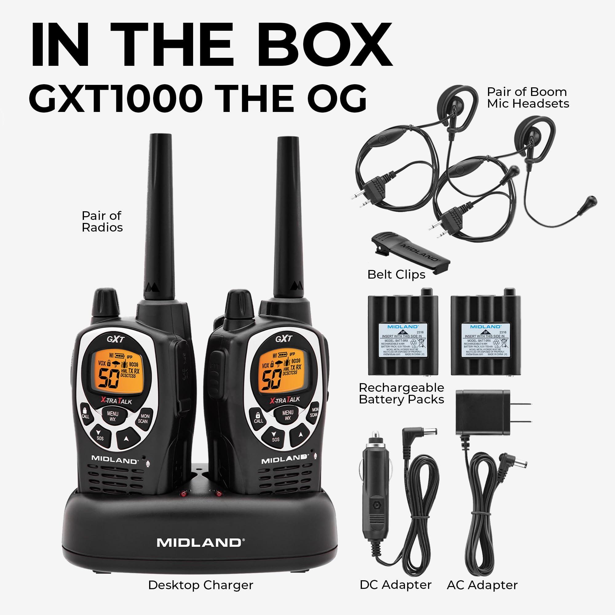 Midland Midland GXT1000VP4 GMRS Two-Way Radio (50-Channel, Long Range, 142 Privacy Codes, SOS, NOAA, Rechargeable Nickle Battery, Black/Silver, 2-Pack)