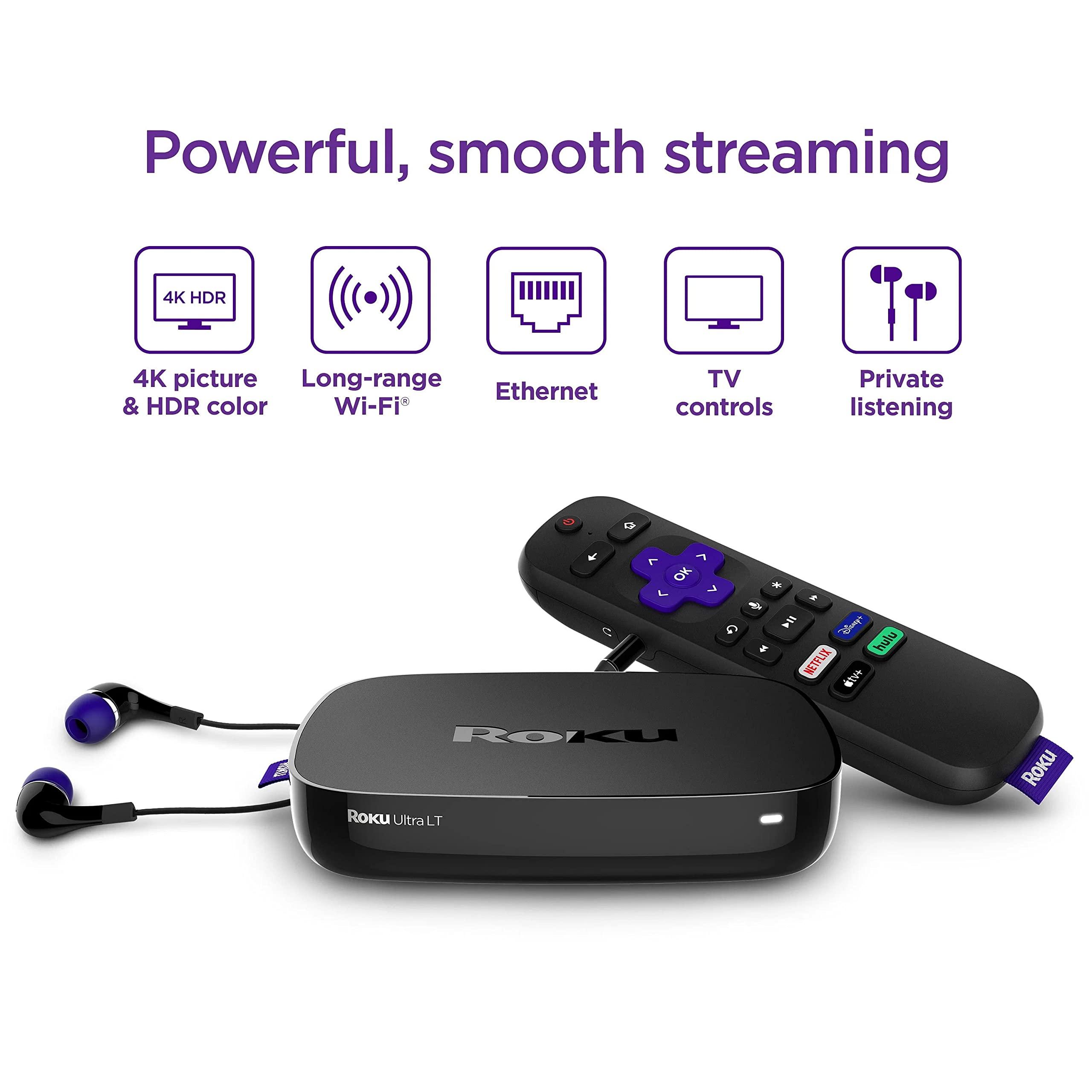 Roku Roku Ultra LT (2023) HD/4K/HDR Dolby Vision Quad-Core Streaming Player with HDMI Cable, Headphones, Voice Remote w/Private Listening, Ethernet (Renewed)