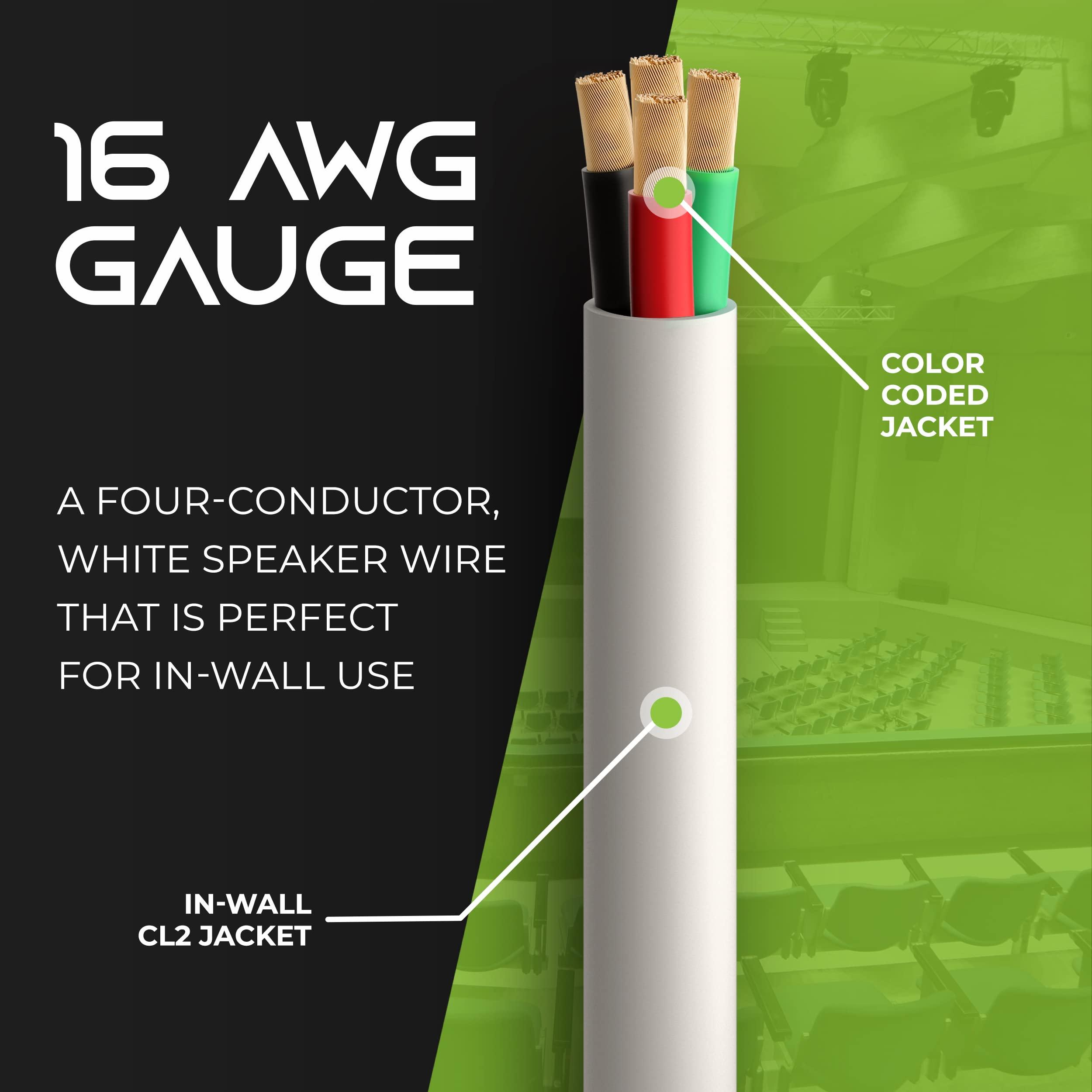 GearIT GearIT 16/4 Speaker Wire (100 Feet) 16AWG Gauge - Fire Safety in Wall Rated Audio Speaker Wire Cable / CL2 Rated / 4 Conductors - OFC Oxygen-Free Copper, White 100ft