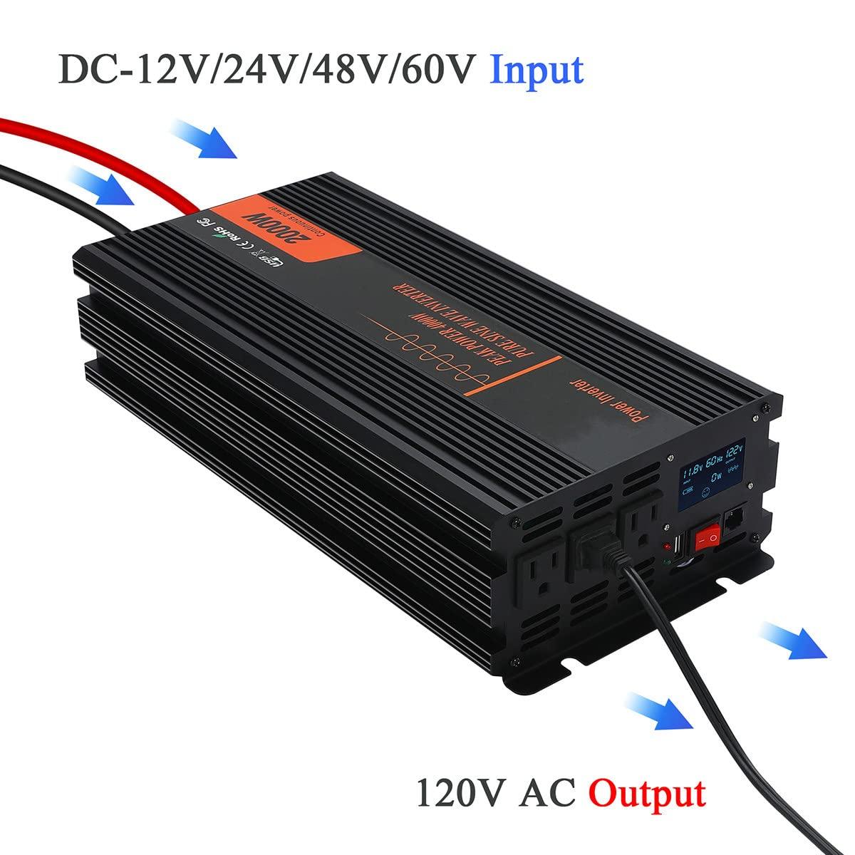 TOOJUN Car Power Inverter Pure Sine Wave DC 12V/24V/48V/60V to AC 120V/220V Transformer Convert with Wired Remote Control (Optional Socket),12V-120V