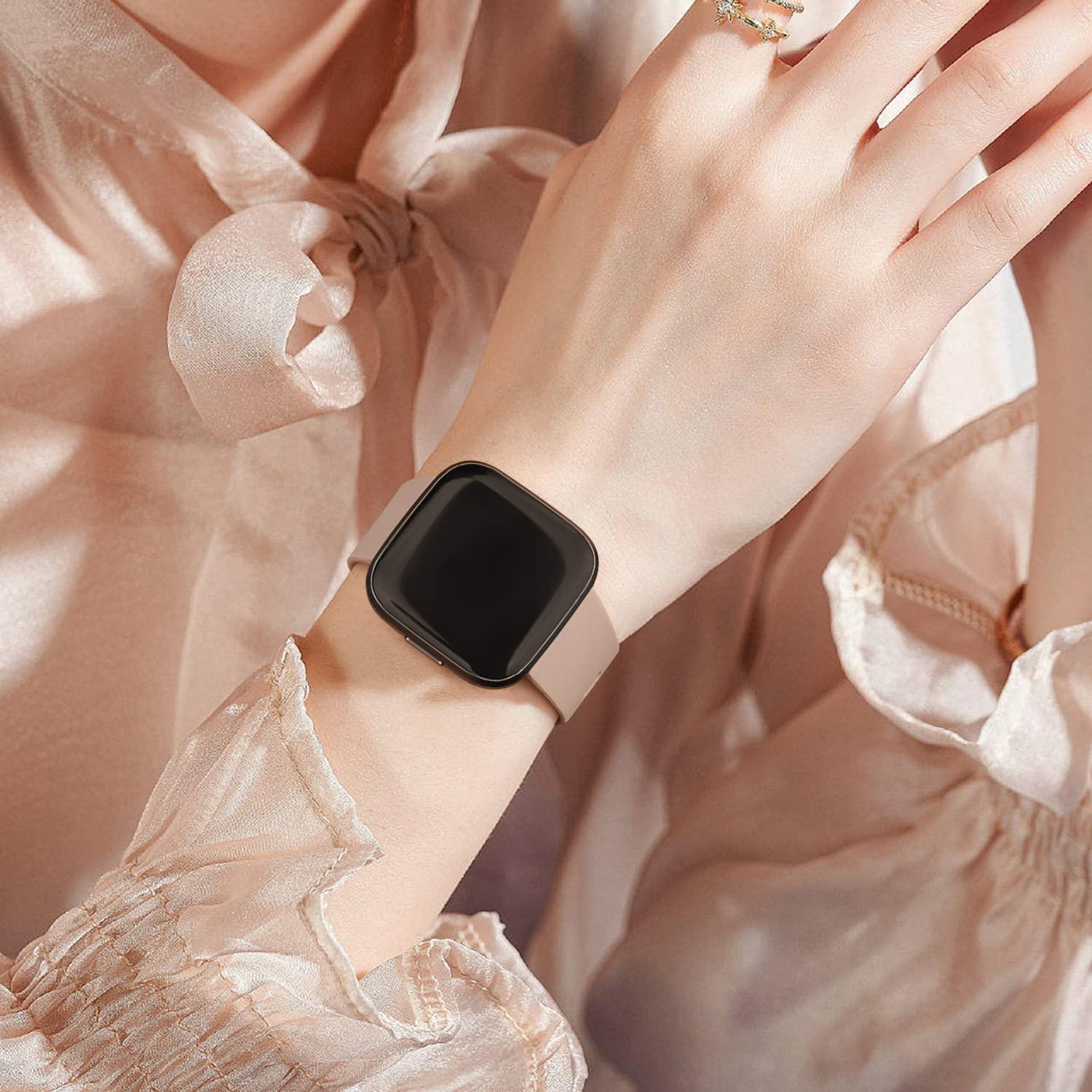 AK 3 Pack Sport Bands Compatible with Fitbit Versa 2 Bands/Fitbit Versa Bands/Versa Lite/Versa SE, Classic Soft Sport Replacement Wristbands for Fitbit Versa 2 Smart Watch Women Men (Small,Sand Pink/Milk