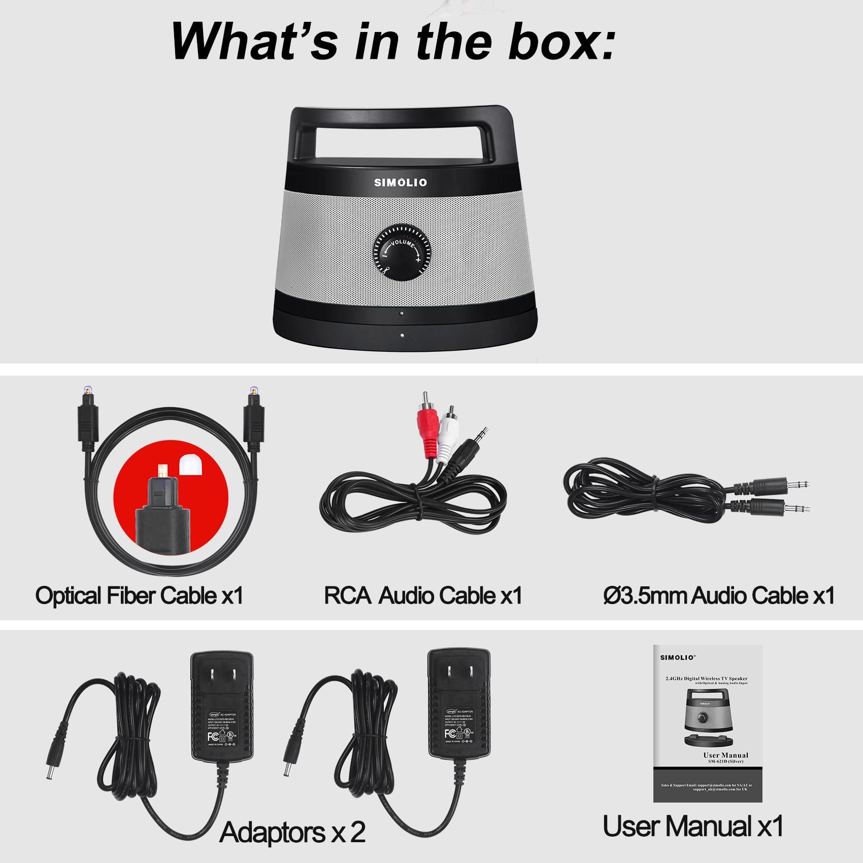 SIMOLIO SIMOLIO TV Speakers for Hard of Hearing, Portable, Assistive, Clarifying Dialog Wireless Speakers for TV for Seniors & the Elderly, Compatible with Optical / RCA / Headphone Ported TV, No Delay, 621D