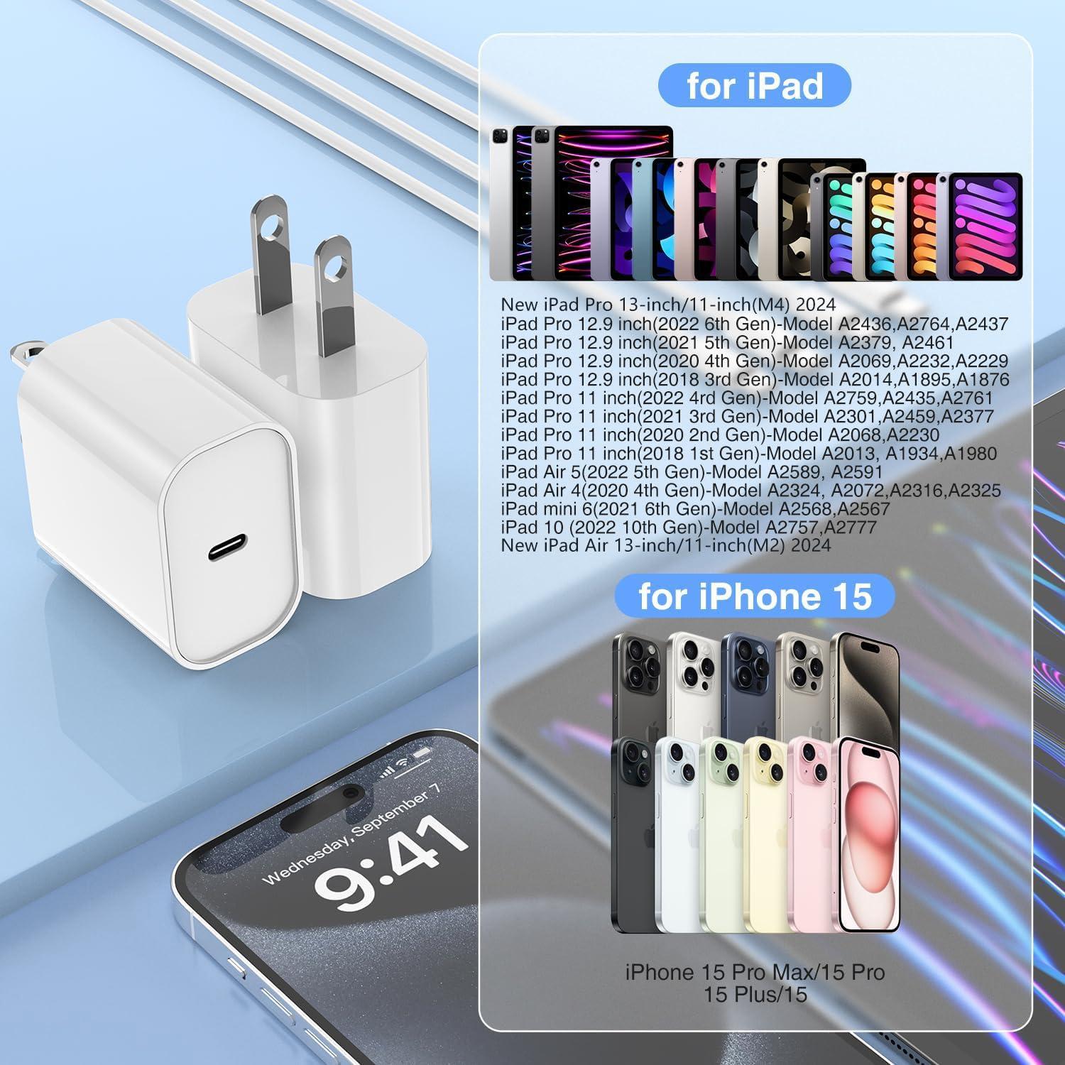 BikeAnything Fast Charging for iPad Air 13(M2)/5/4th 2Pack,20W Type C Fast Charger with USB C to C Cable for IPhone 15/Plus/Pro/Pro Max,iPad Pro 13/11-inch M4/M2,iPad Pro 12.9/11 inch 2024/22/21/20/18,iPad 10/Mini