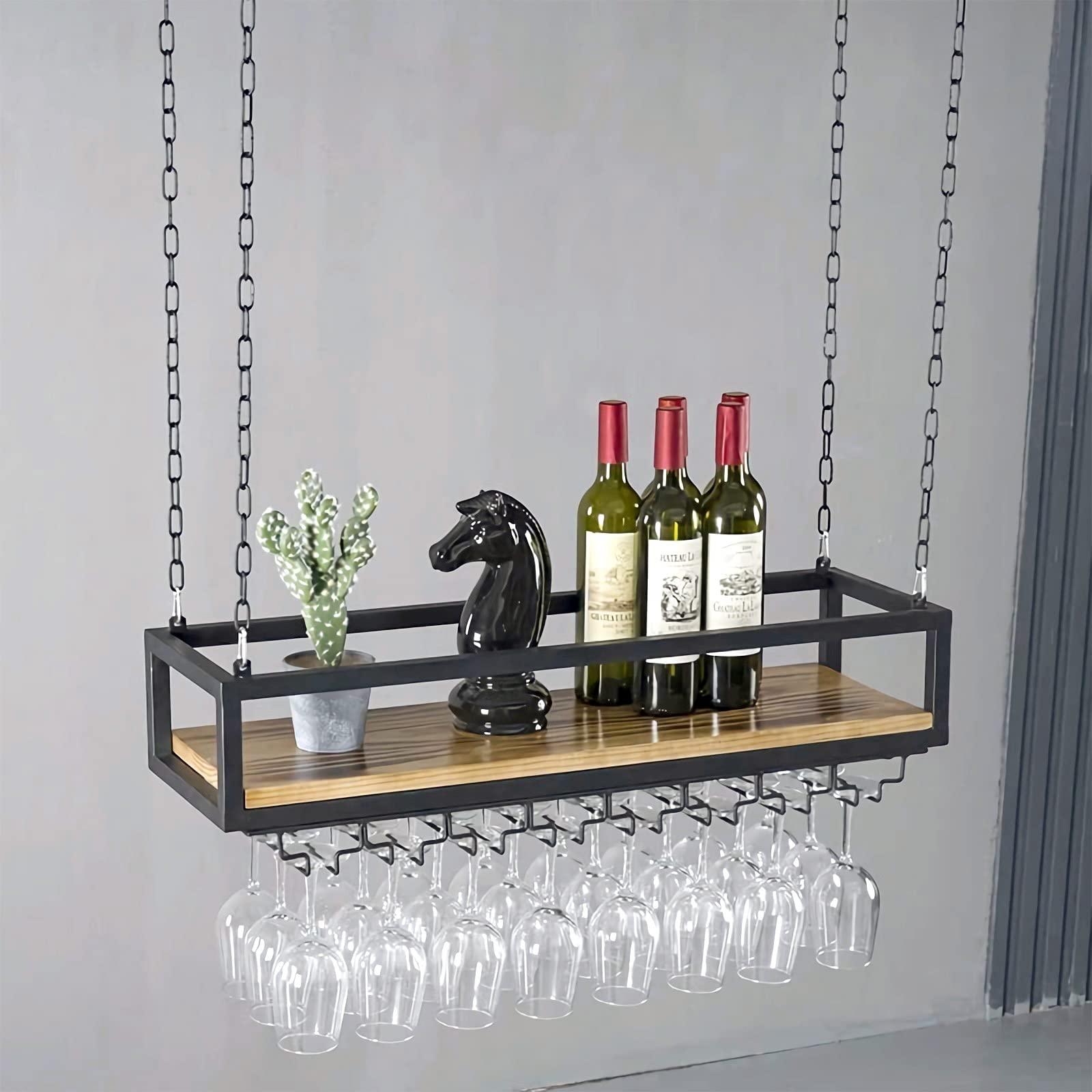 SPTZQURY Ceiling Wine Glass Rack - Hanging Wine Rack with Glass Holder and Shelf, Height Adjustable Industrial Hanging Wine Bottle Holder, Black Metal Ceiling Shelf for Bar Cafe Kitchen (31.49.88.6in)