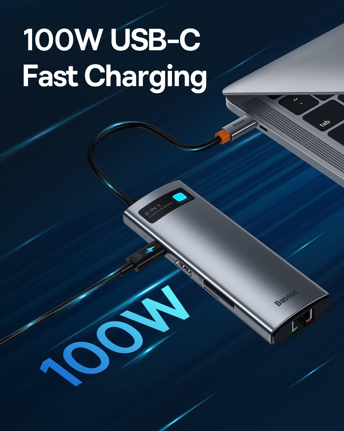 Baseus Baseus 8-in-1 USB C Hub Docking Station, USB C Adapter with 4K HDMI, 3 USB 3.0, TF/SD Reader, Ethernet, 100W Power Delivery Compatible with MacBook, Surface, iPad, Steam Deck or Other Type C Devices