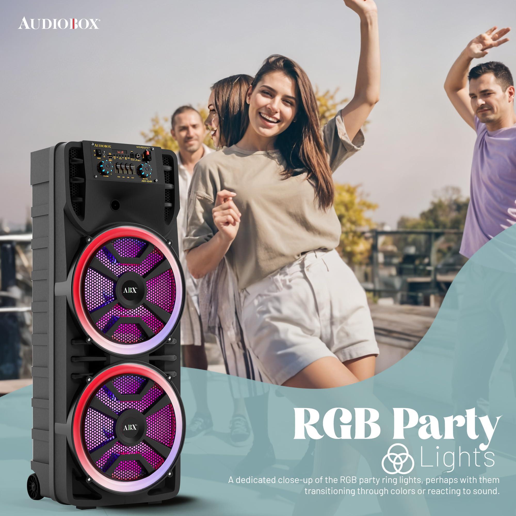 Audiobox Audiobox ABX-214R Dual 12" Portable Bluetooth Speaker, Lightweight but Loud with BASS, RGB Party Lights, Wireless Microphone, Volume, Treble & Bass Controls, 37-Inch Tall