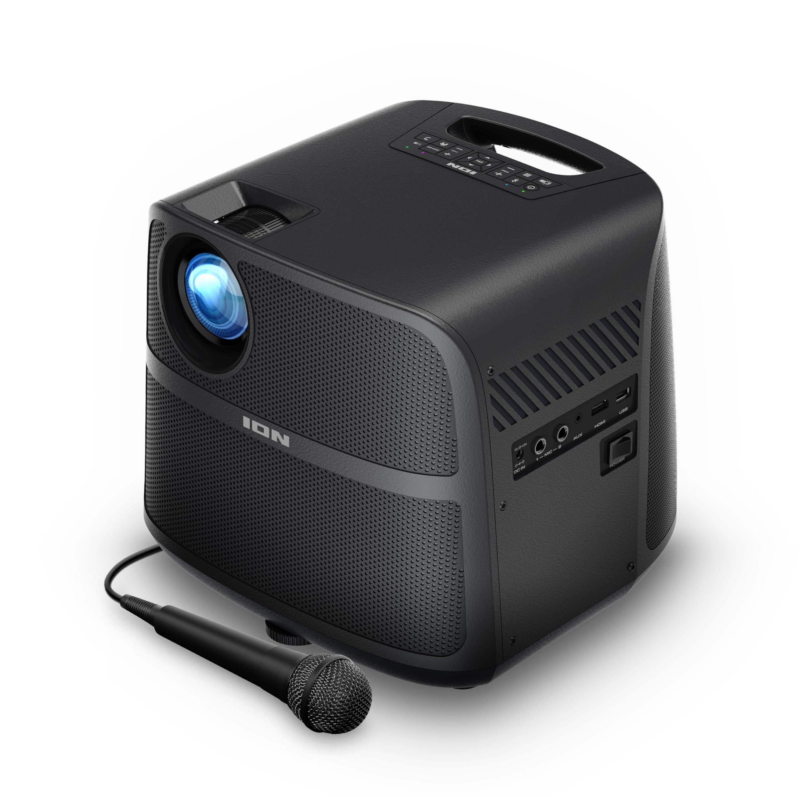 ION ION Portable Outdoor LED Projector with 70W Speakers, Bluetooth, Rechargeable Battery, Mic, USB and HDMI Connections, 720P HD