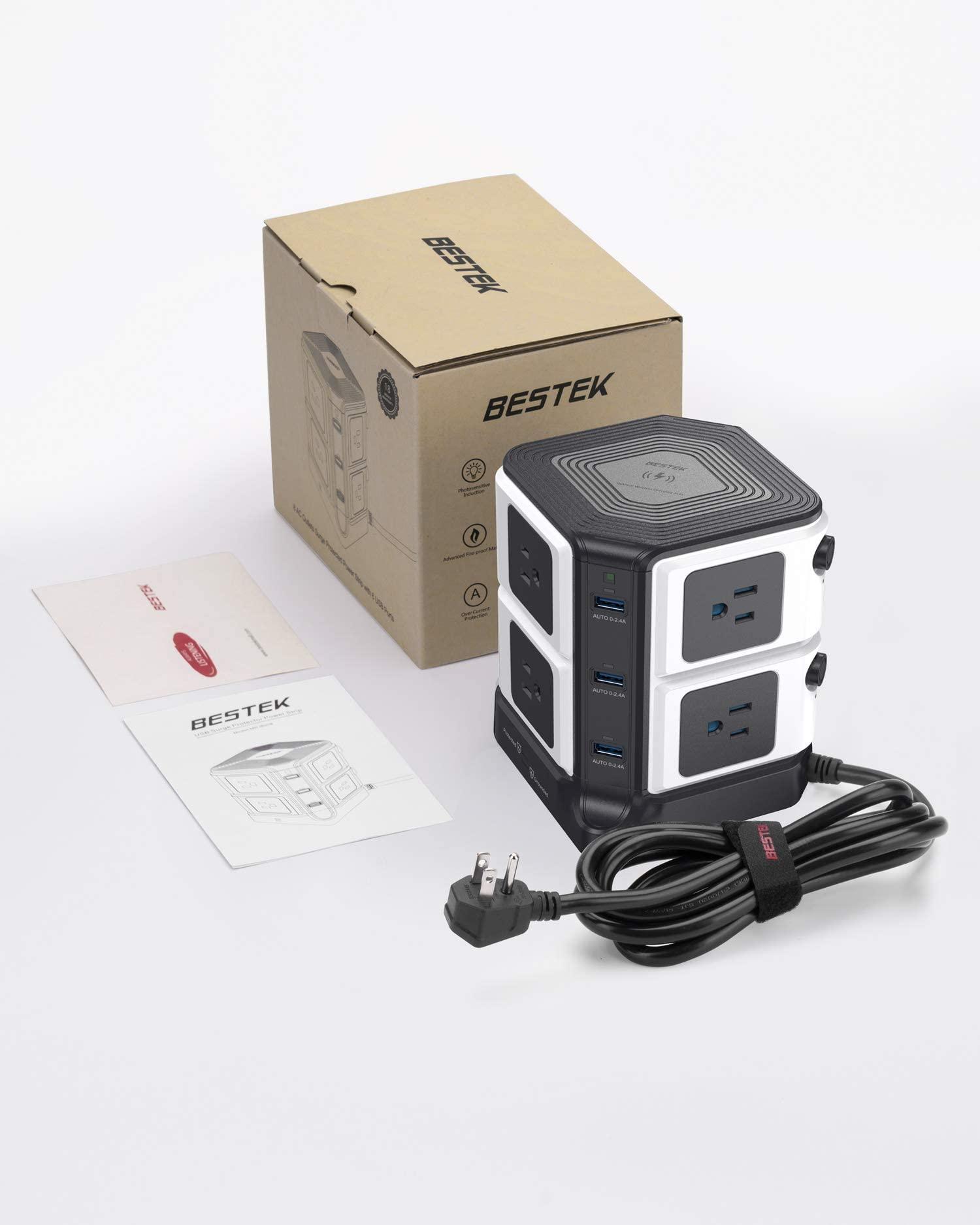 BESTEK USB Power Strip with Wireless Charger BESTEK 8-Outlet Surge Protector and 40W 6-Port USB Charging Dock Station,1500 Joules,ETL Listed,Dorm Room Accessories (8AC+6USB+Wireless Charger-Black)