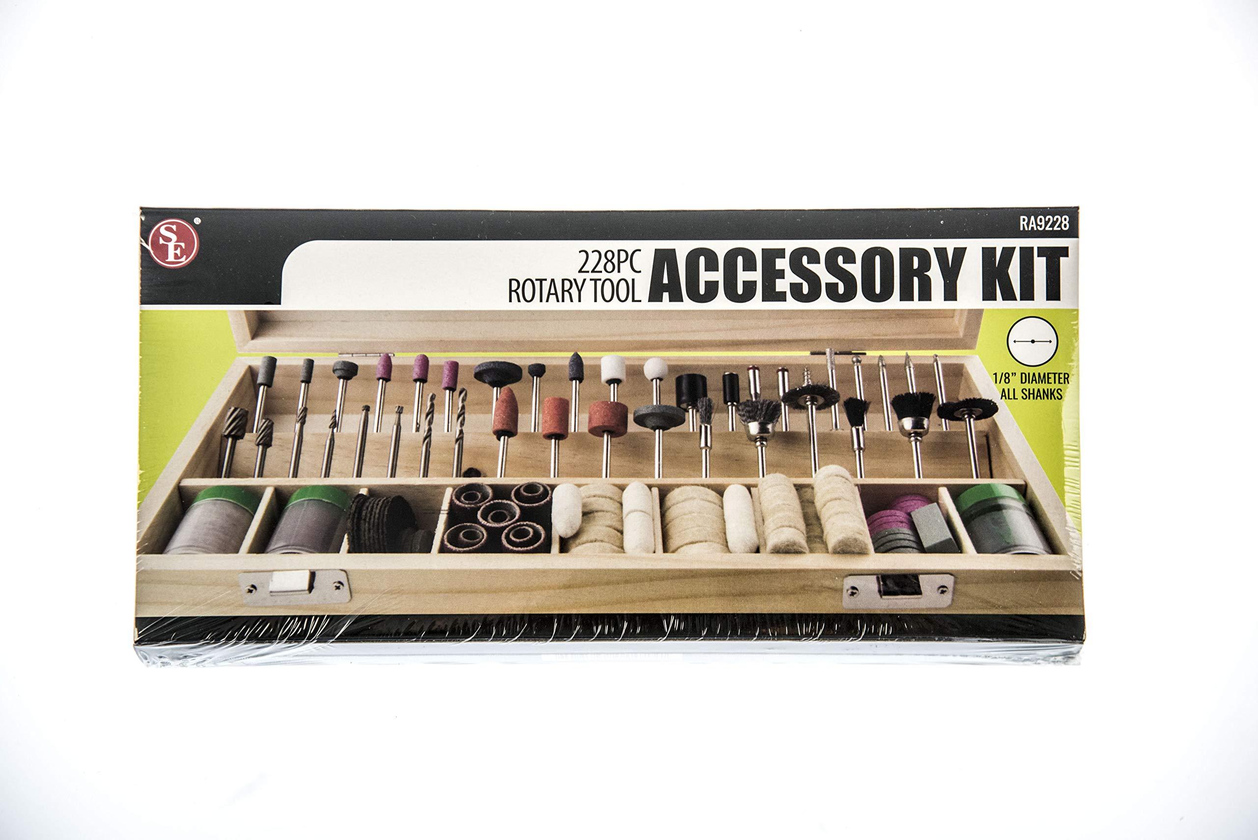 SE SE 228-Piece Rotary Tool Accessories Kit with 1/8\" Shank - Comprehensive Set for Polishing, Drilling, Engraving - Includes Sanding Bands, Grinding Stones, Woolen Wheels, and Wooden Case - RA9228