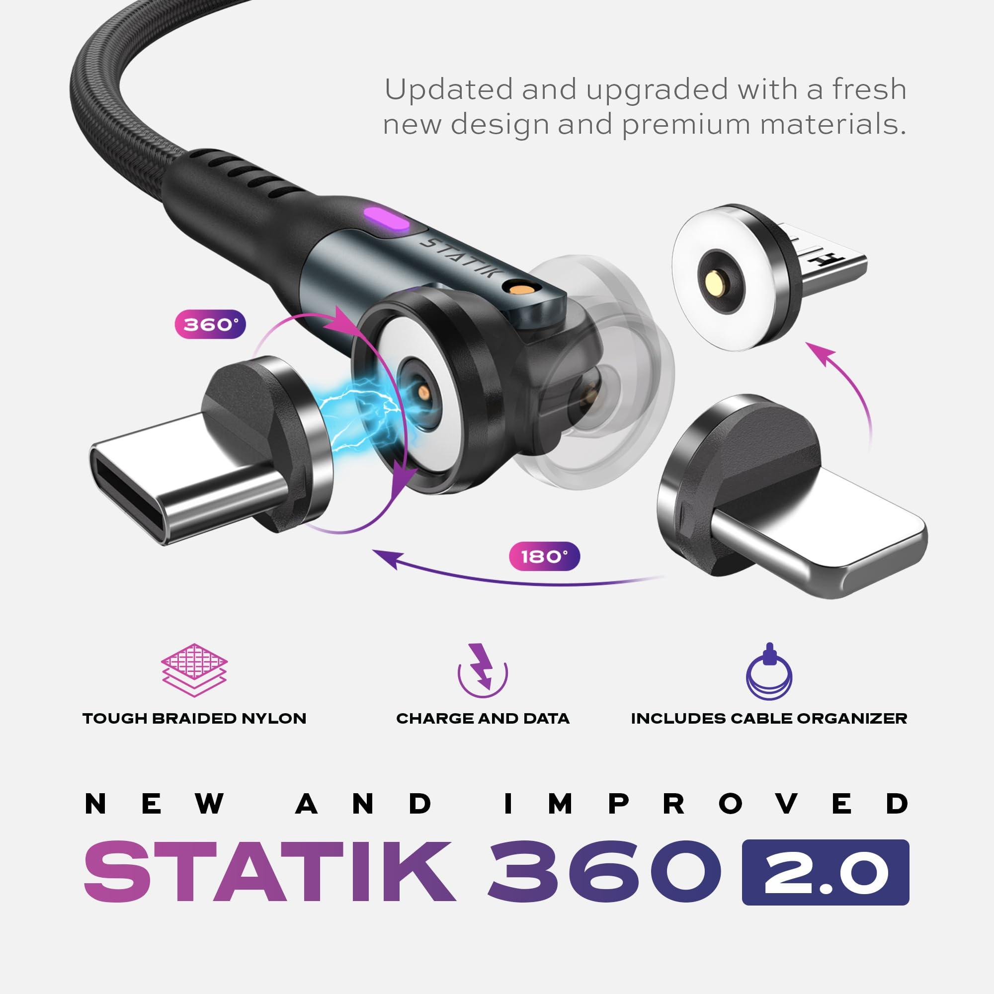 Statik Statik 360 Rotating Magnetic Charging Cable - 3FT/1M USB C Charger, 3 Interchangeable Tips for iProduct, Micro-USB & USB-A Devices, Black