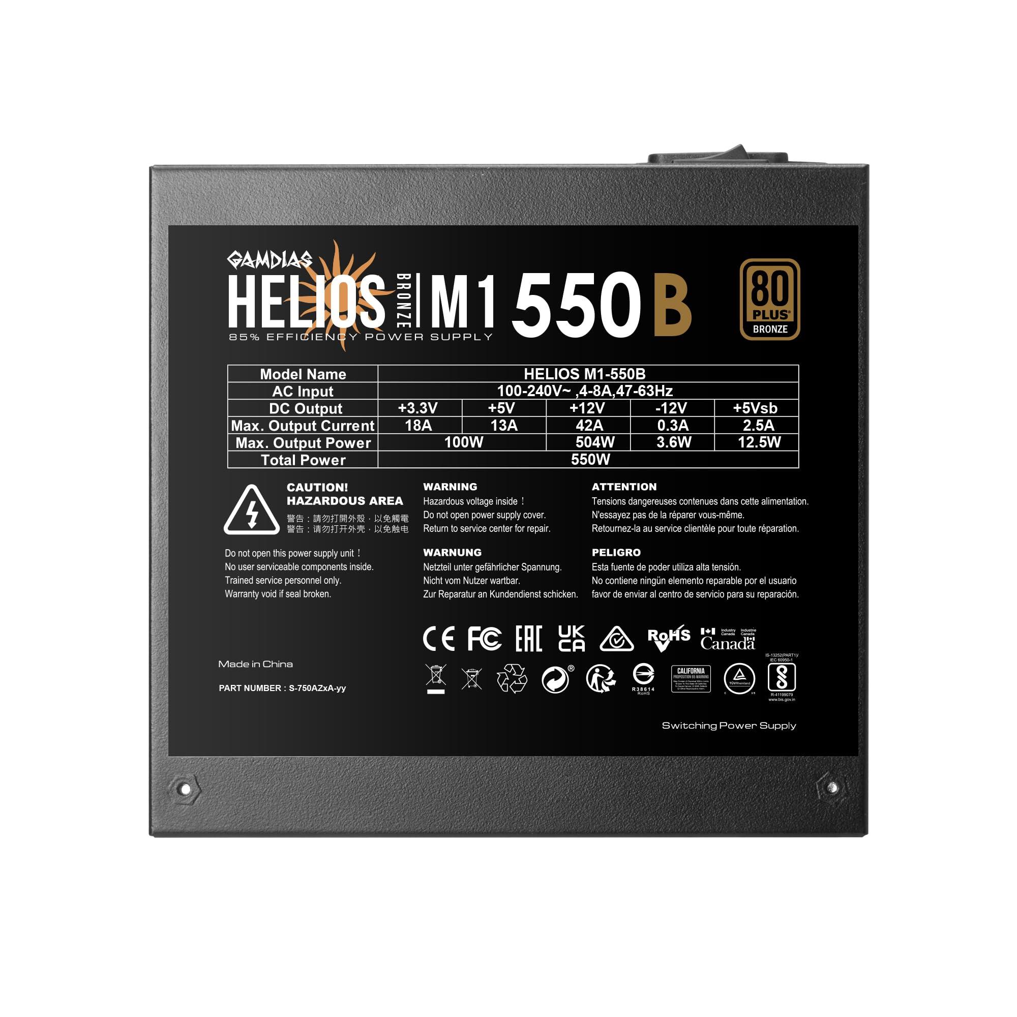 GAMDIAS GAMDIAS 550W Gaming PC PSU, 80 Plus ATX Bronze 12V Power Supply for PC Computers with Active PFC, Helios M1-550B