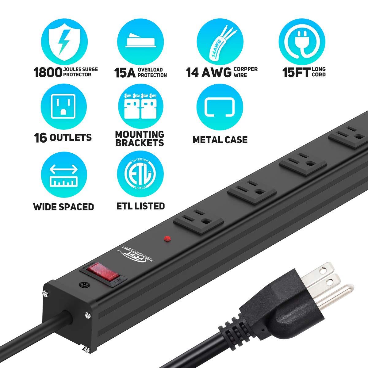 CRST CRST Heavy Duty Power Strip 16-Outlet & 12-Outelet Metal Power Strip with Surge Protector,Wide Spaced 15Ft Long Cord.