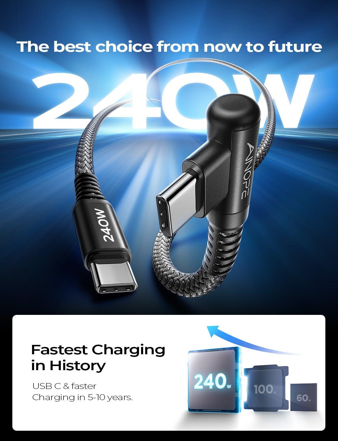 AINOPE AINOPE 240W USB C to USB C Cable (6.6ft 2Pack Chubby Cable USB C) USB C to USB C Fast Charging Cable, Right Angle USB C Charger Cable for iPhone16 Charger Cord, MacBook Pro, iPad Pro/Air,Samsung,Black