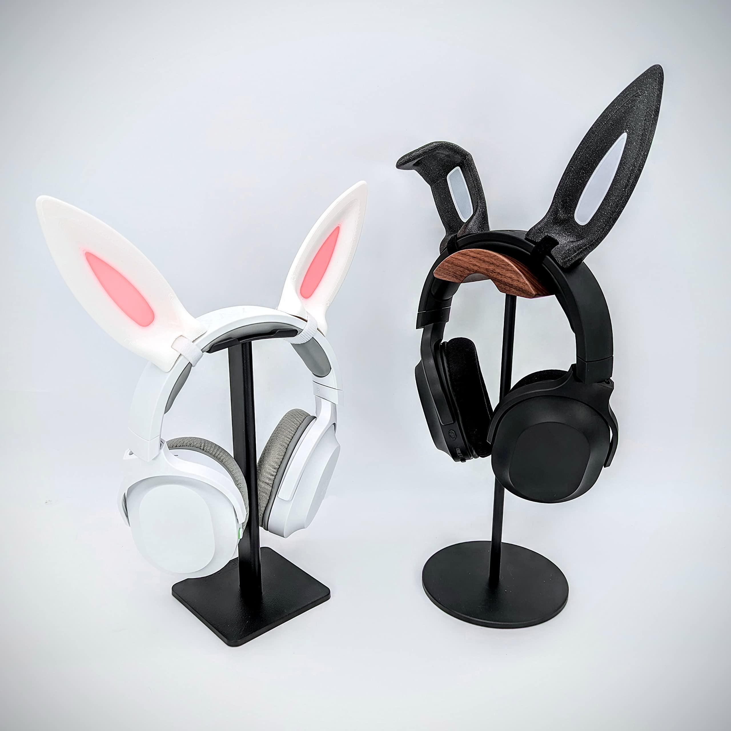 DirectNine Basics Bunny Ears for Headphones - Adorable Bunny Headphones Attachment in Various Colors with Hidden Self Fastener - Bunny Ears for Gamers and Streamers (Set of 2) (White/Pink, Straight/Bent)