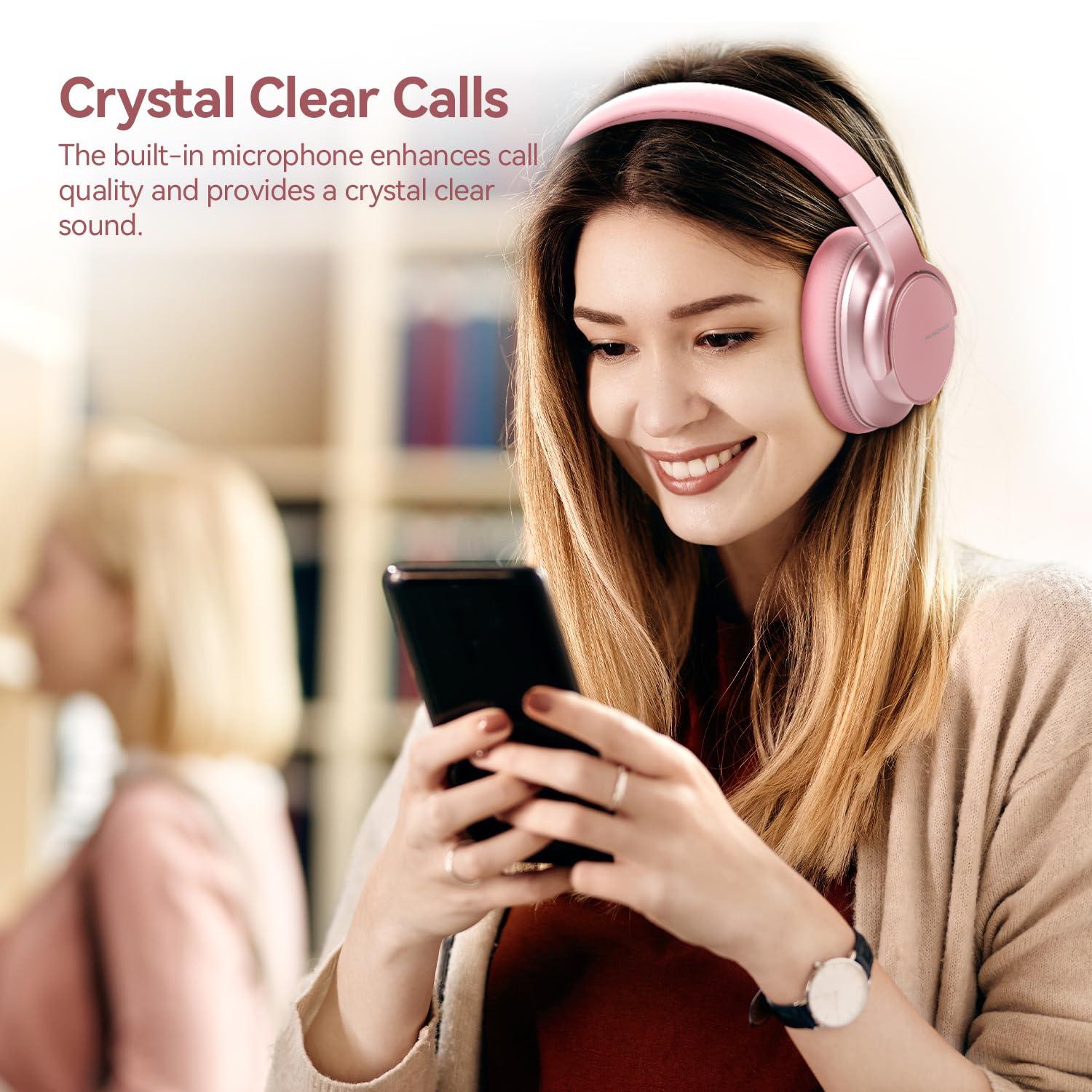 AUSDOM AUSDOM E7 Bluetooth 5.0 Active Noise Cancelling Headphones, Wireless Over Ear ANC with Microphone, Hi-Fi Stereo Sound, 50H Playtime, Comfortable Earpads for Travel Work TV Phones, Rose Gold