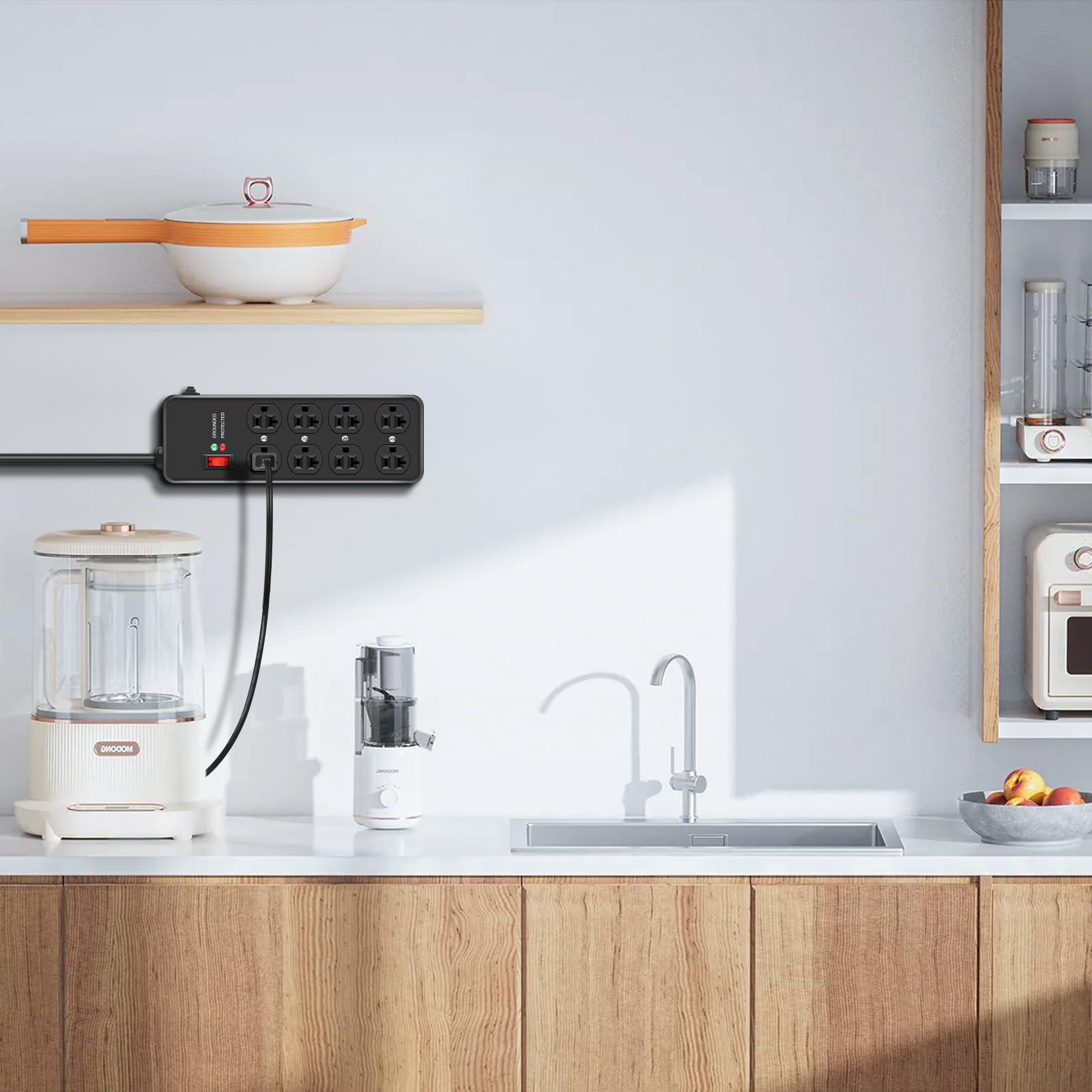 HEZI 20Amp Power Strip Surge Protector, Durable Metal 8-Outlet with Heavy Duty 20 Amp 10Ft 12 Gauge Extension Cord, for Garage, Workshop & Industrial Use with 6-20R T-Slot Outlets, 4800J