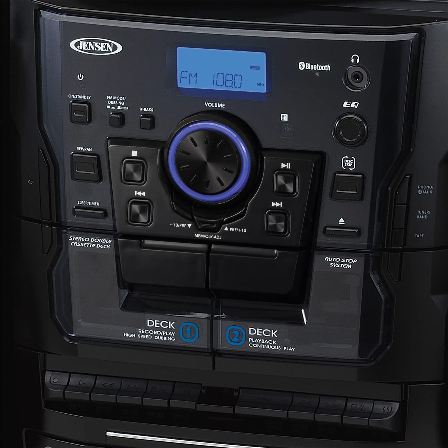 Jensen Jensen Bluetooth 3 Speed Stereo Turntable 3 CD Changer Music System with Dual Cassette Deck, Pitch Control and Remote Control