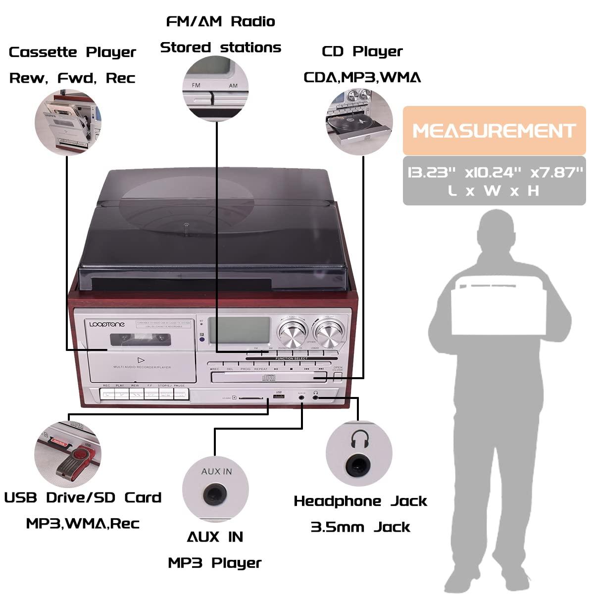 LOOPTONE LoopTone Vinyl Record Player 9 in 1 3 Speed Bluetooth Vintage Turntable CD Cassette Player AM/FM Radio USB Recorder Aux-in RCA Line-Out (Silver)