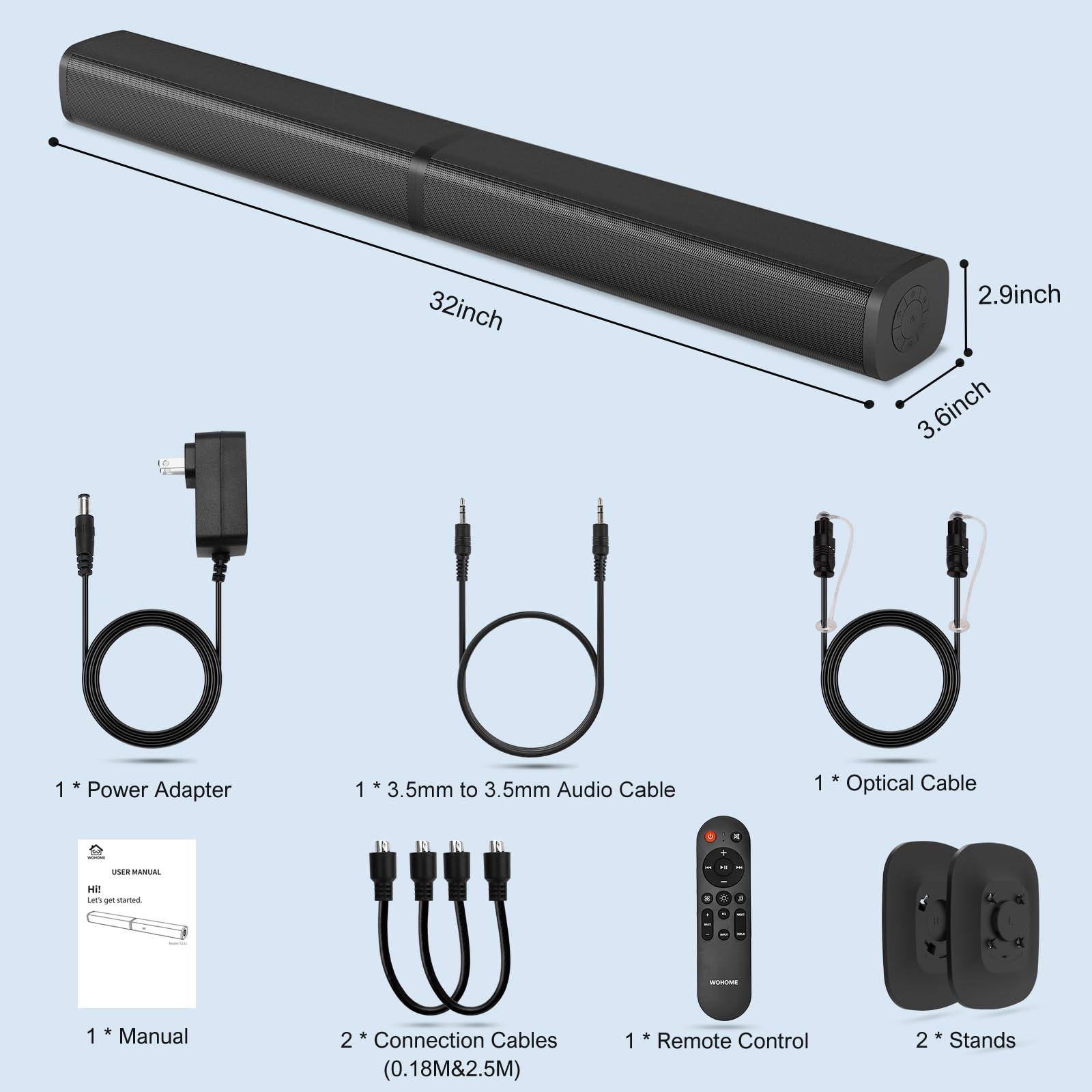 Wohome Wohome 2.2 Sound Bar for TV with Built-in Subwoofers, 32 Inches Detachable Soundbar Speaker, Bluetooth 5.3/Optical/AUX/USB Connection with Colorful Backlight (Black)