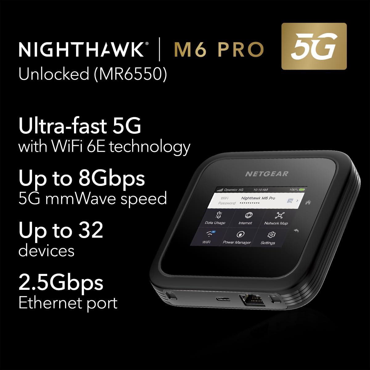 NETGEAR NETGEAR Nighthawk M6 Pro Mobile Hotspot 5G mmWave, 8Gbps, Unlocked, AT&T, T-Mobile, Verizon International Roaming 125 Countries, WiFi 6E, Portable Device for Travel, Modem Wireless Router (MR6550)