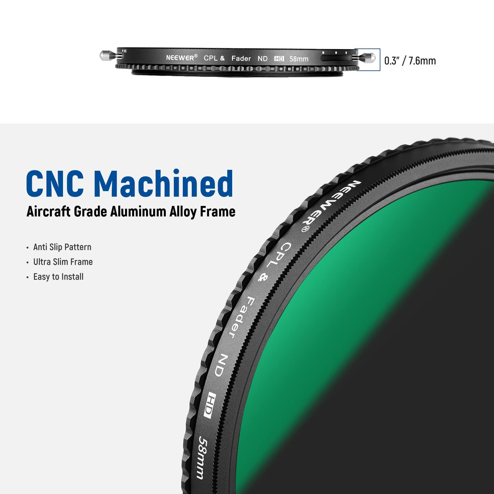NEEWER NEEWER 2 in 1 58mm Variable ND Filter ND2ND32&CPL Filter(Circular Polarizer Filter) No X Cross/30 Layer Nano Coated/HD Optical Glass/Ultra Slim Aluminum Alloy Frame/Water Repellent/Scratch Resistant