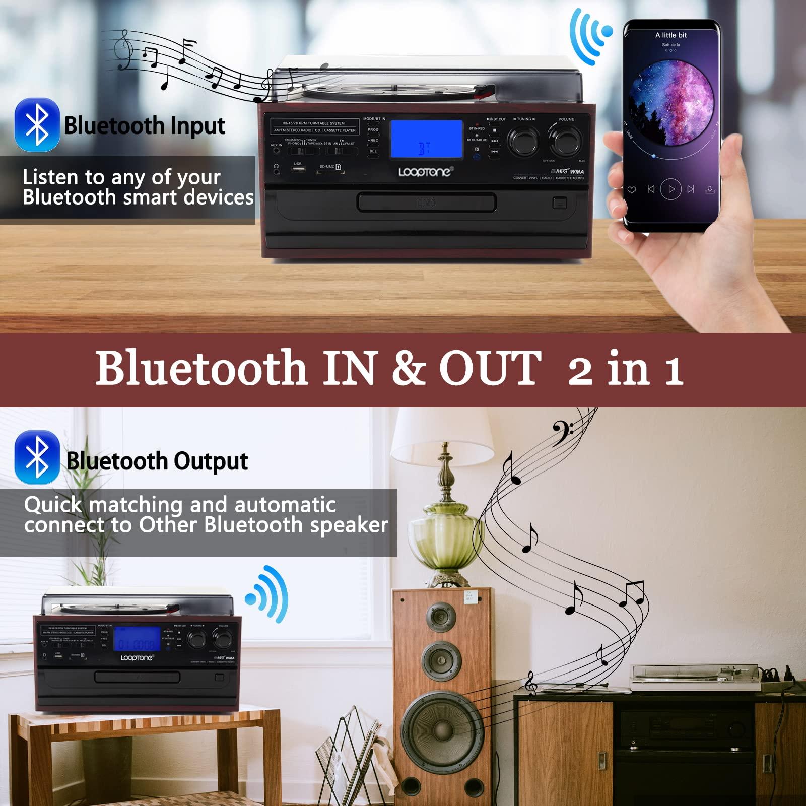 LoopTone LoopTone 10 in 1 Bluetooth in/Out Record Player 3 Speed Vinyl Vintage Turntable CD Player Cassette AM/FM Radio 2 Built in Speaker USB/SD Recorder Aux-in RCA Line-Out