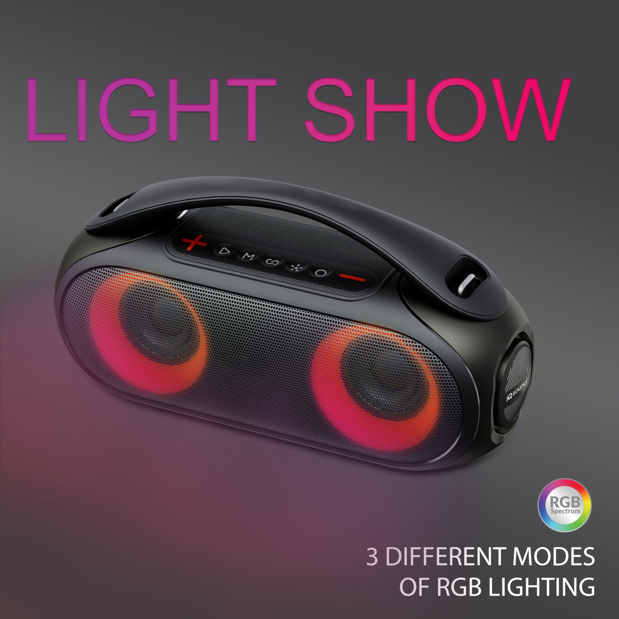 Supersonic IQ Sound IQ-3530RGB Portable Bluetooth Speaker with RGB Panel, IPX6 Water Resistant, TWS, Voice Control, Mic Input, FM Radio, USB, Line-in function, Rechargeable Battery - Perfect for any event