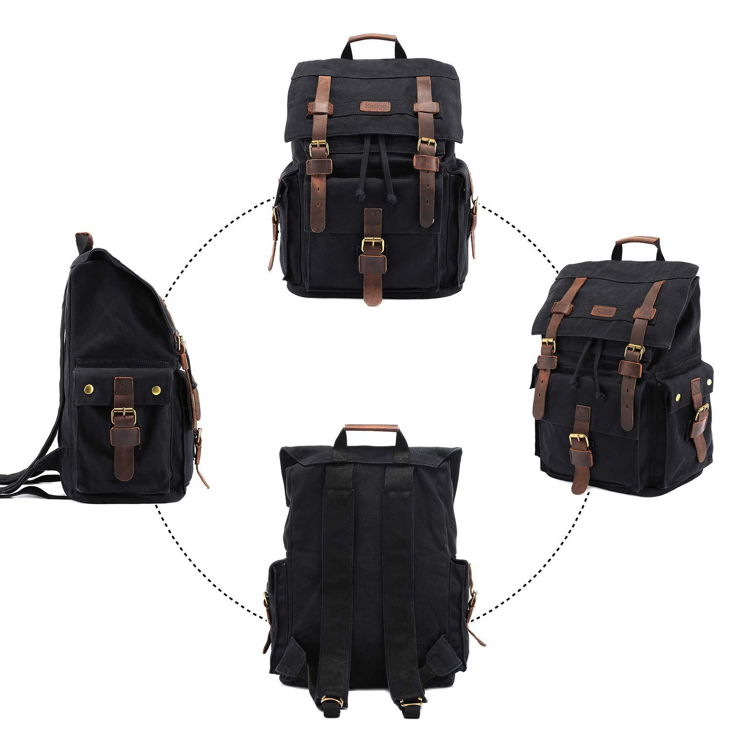 Kattee Kattee Mens Leather Canvas Backpack Large School Bag Travel Rucksack Black