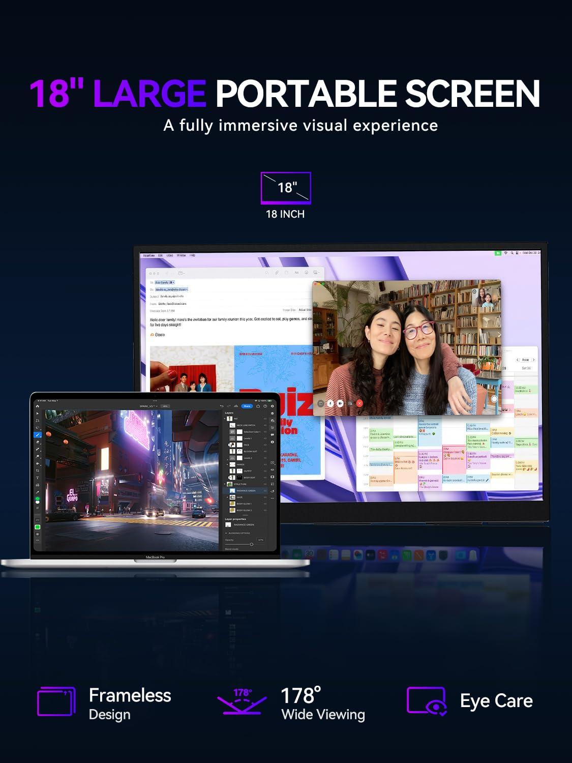 UPERFECT UPERFECT Portable Monitor 18-inch 2K 144HZ 100% DCI-P3 500Nits w/VESA & Stand 180 Adjustable Ultra-Slim & Lightweight Frameless FHD FreeSync IPS HDR Gaming Display, Travel Second Monitor for Laptop