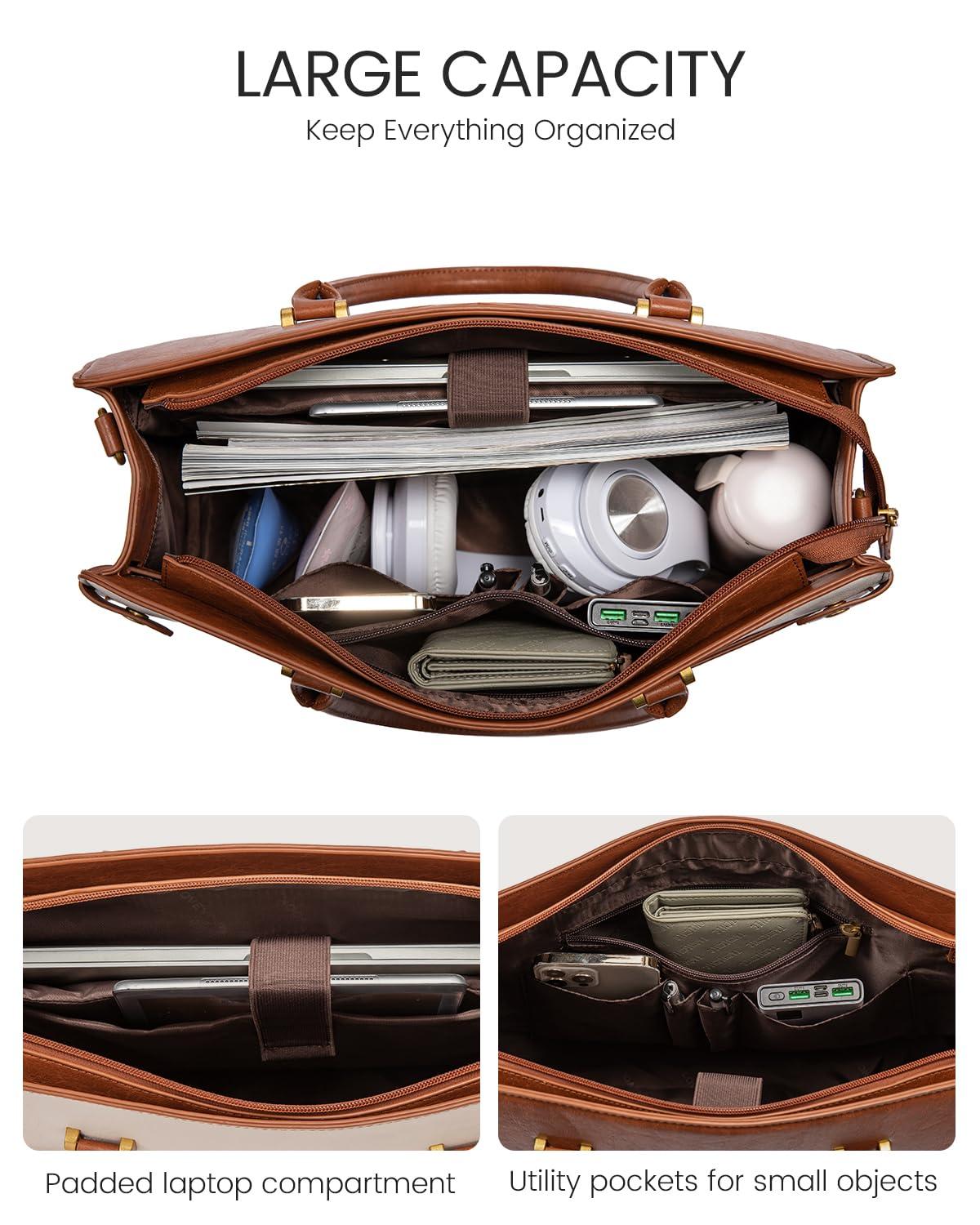 LOVEVOOK LOVEVOOK Laptop Bag for Women, Vintage Leather Laptop Tote Bag Work Bags for Women, Waterproof Computer Bag Business Office Briefcase Large Shoulder Handbag Purse, 17 Inch, Brown-Beige